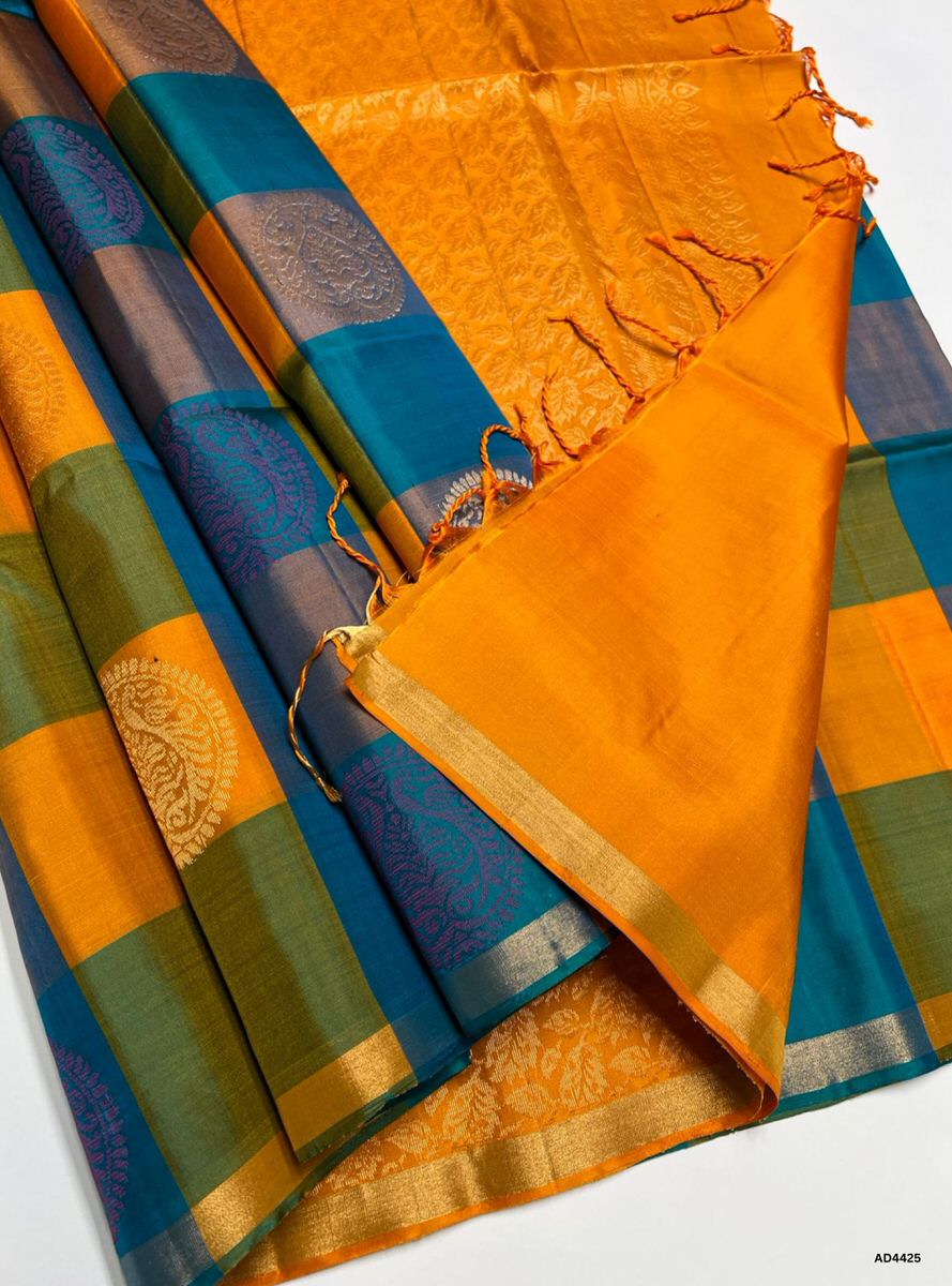 Peacock Blue & Mango Yellow - Pazhum Pazhamum Soft Silk Saree