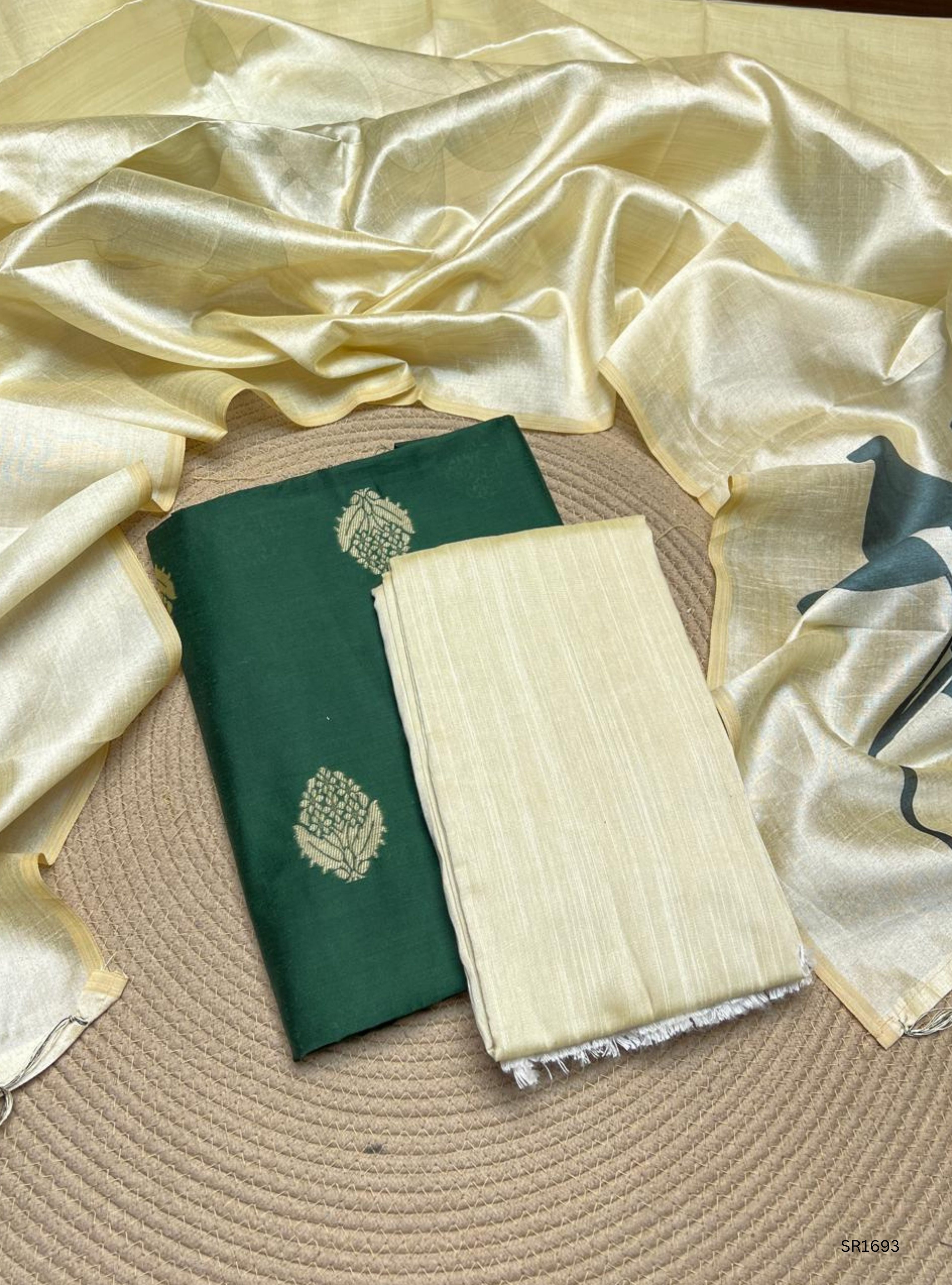 Green  - Raw Silk  Unstiched Suit 3 Pc Set