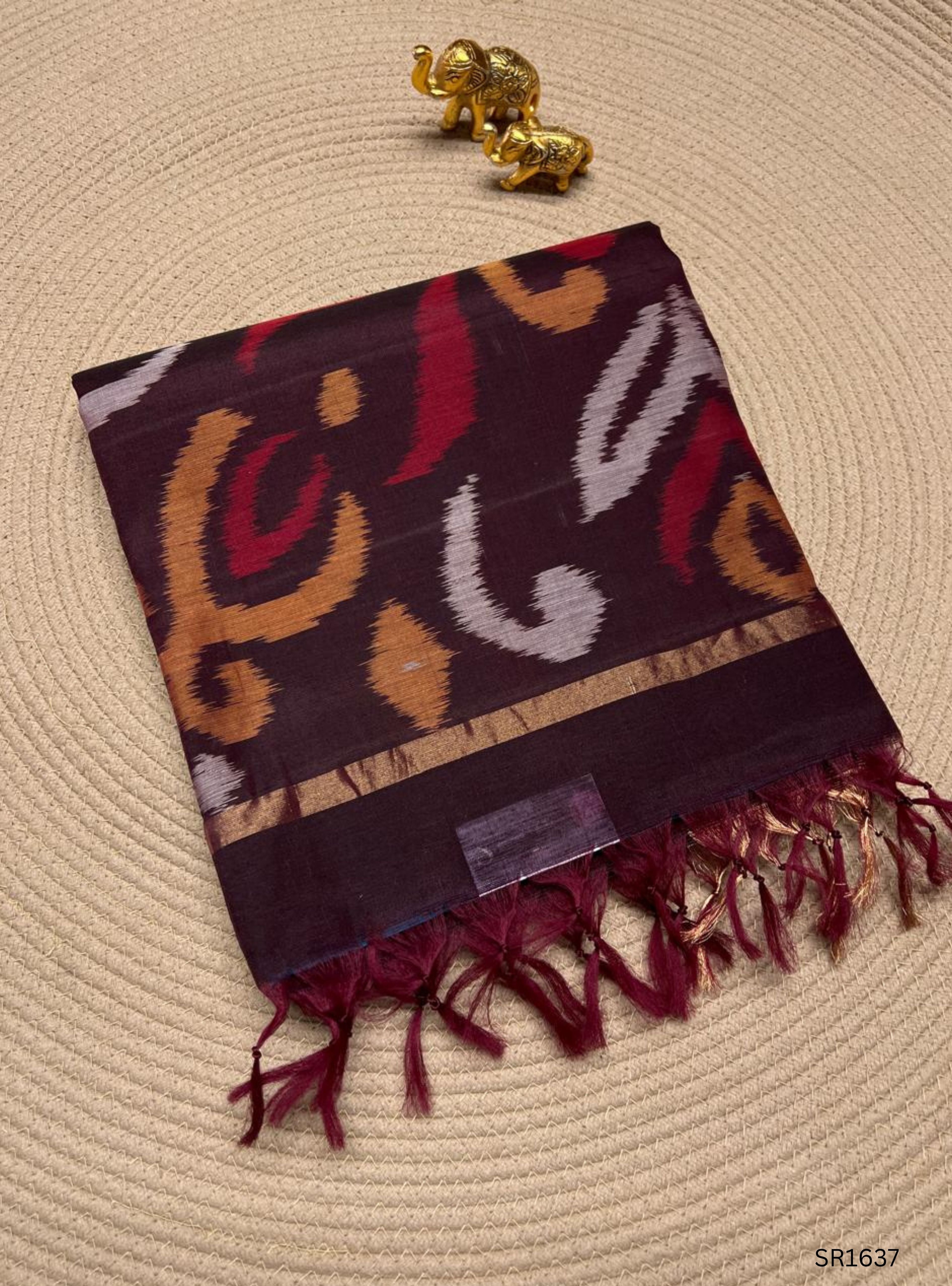 Blue , Black & Wine - Ikkat Kora Cotton Saree