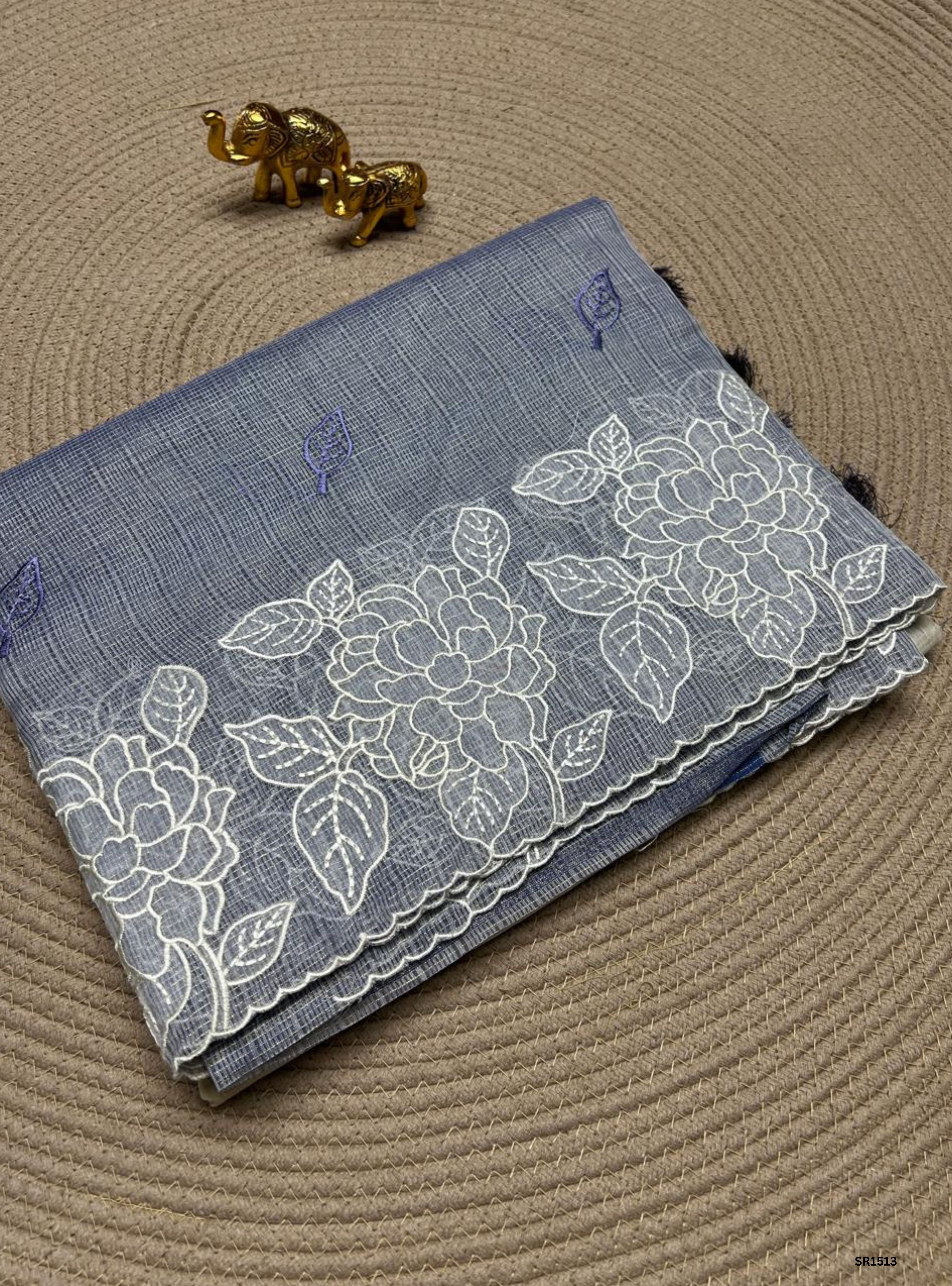 Cream & Purple - Kota Applique Work Saree
