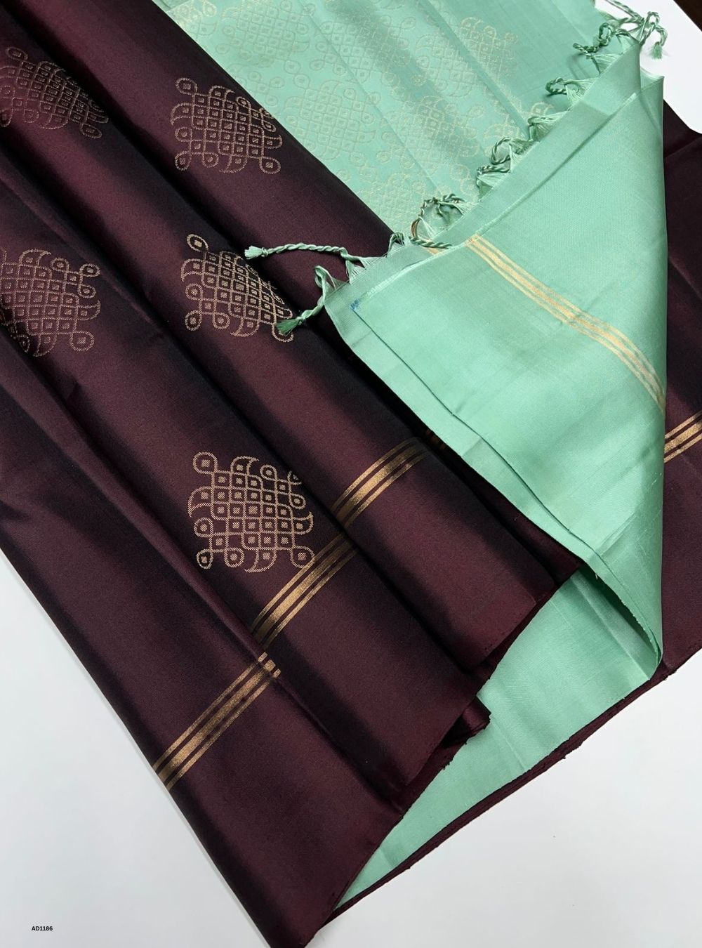 Coffee Brown & Mint Green  - Soft Silk Saree