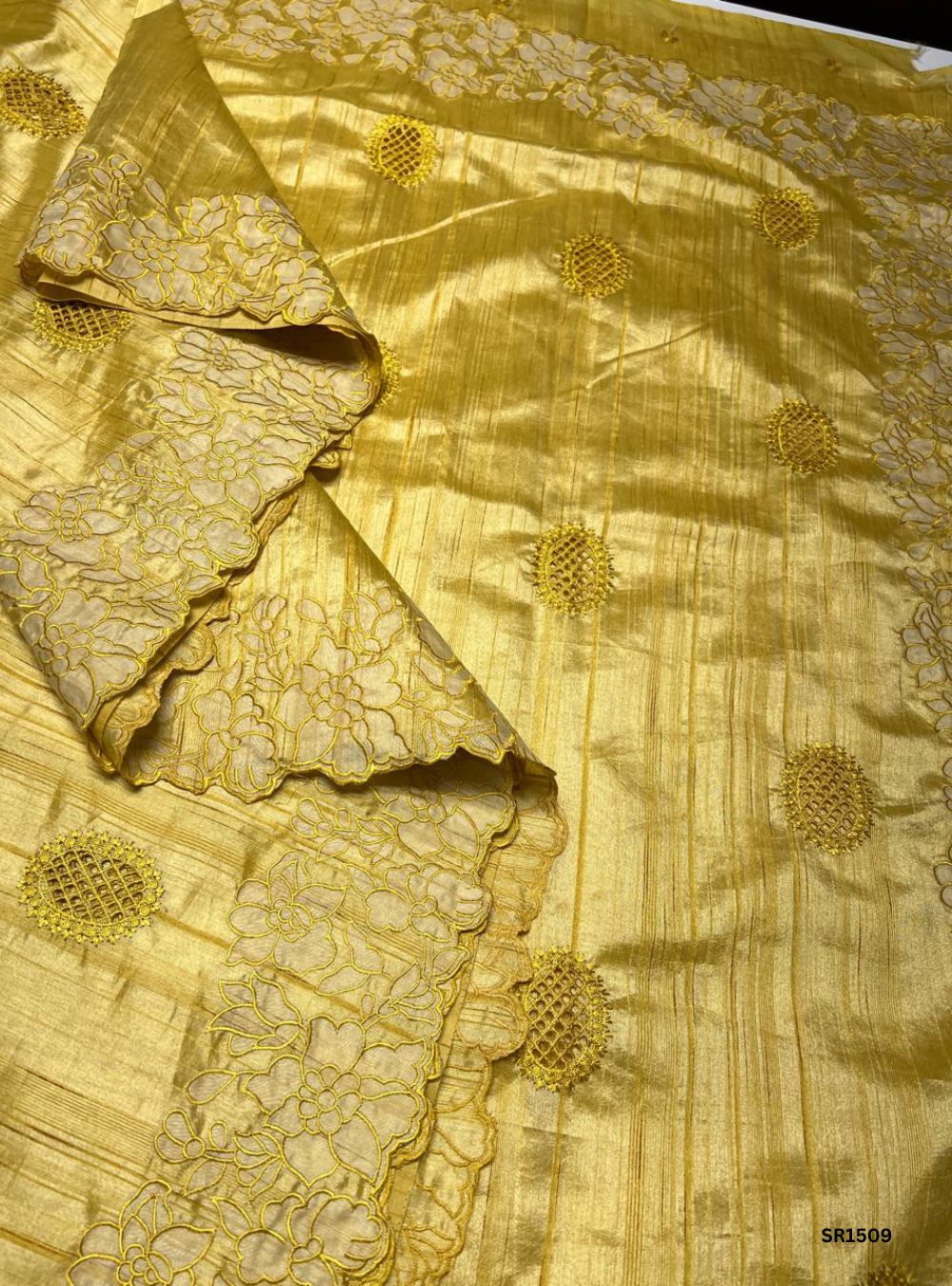 Yellow - Semi Tussar Applique Cut Work Saree