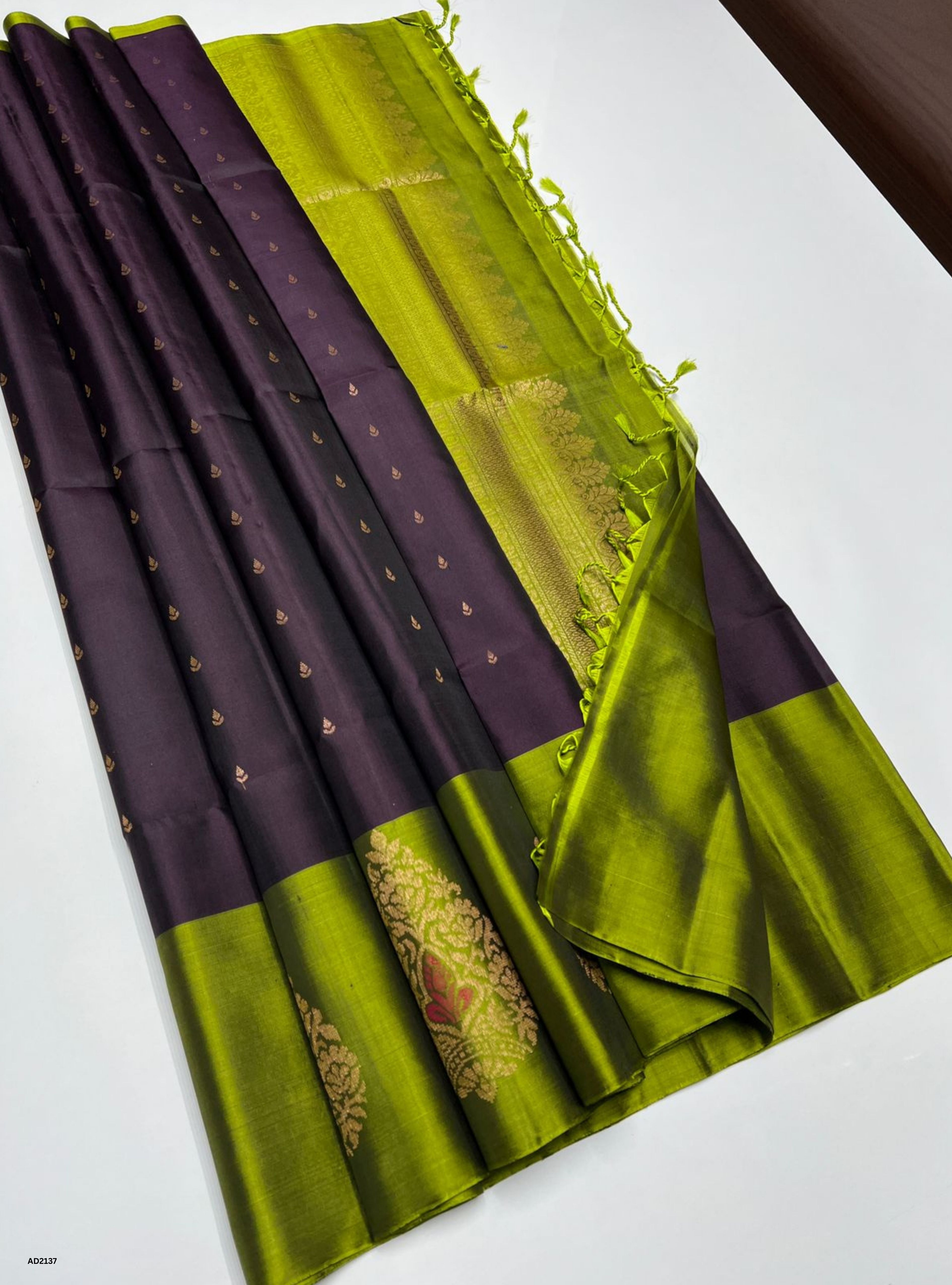 Dark Plum & Parrot Green - Soft Silk Saree