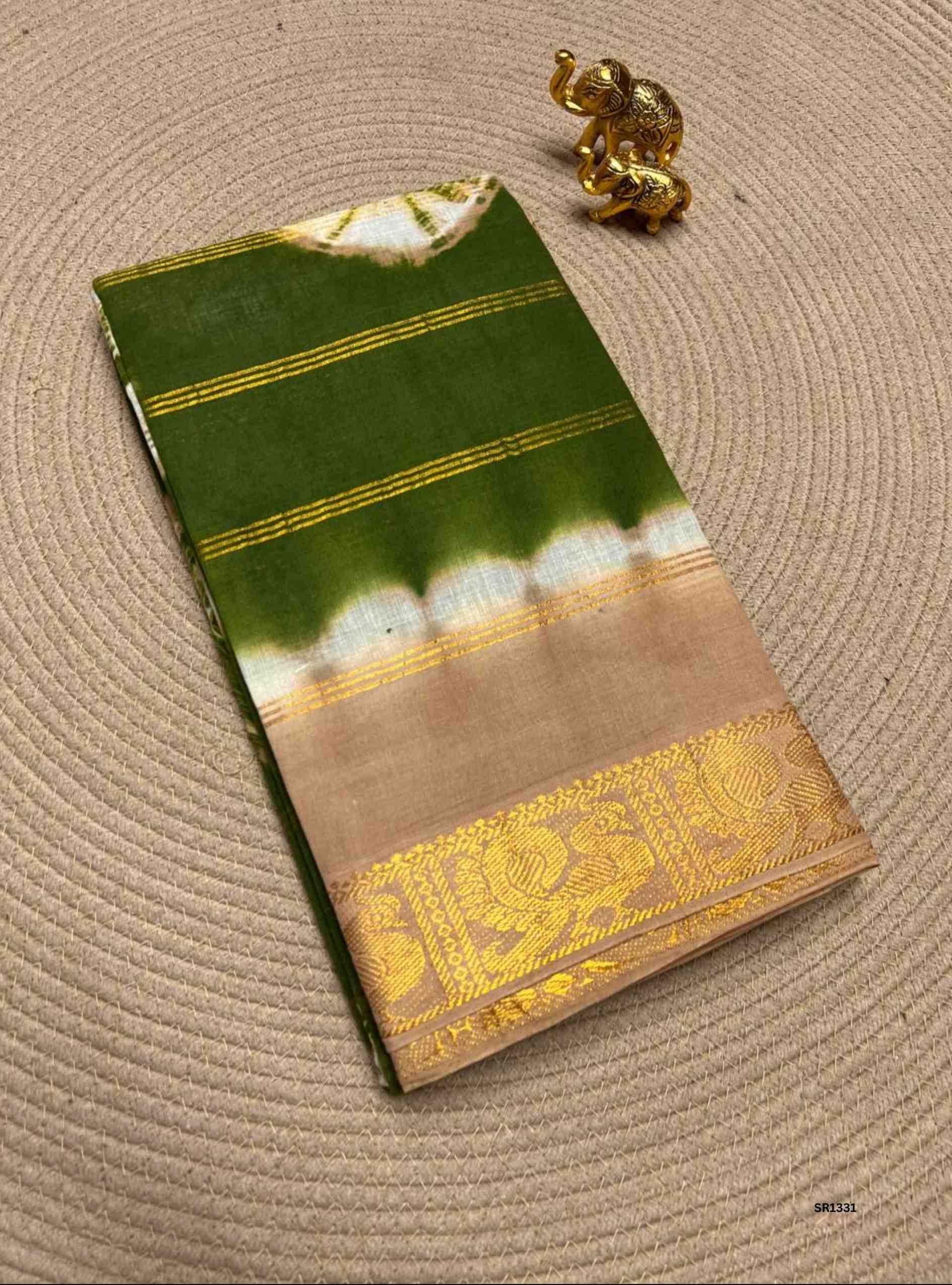 Green & Creme Pink - Velthaari X Bandhini Cotton Saree