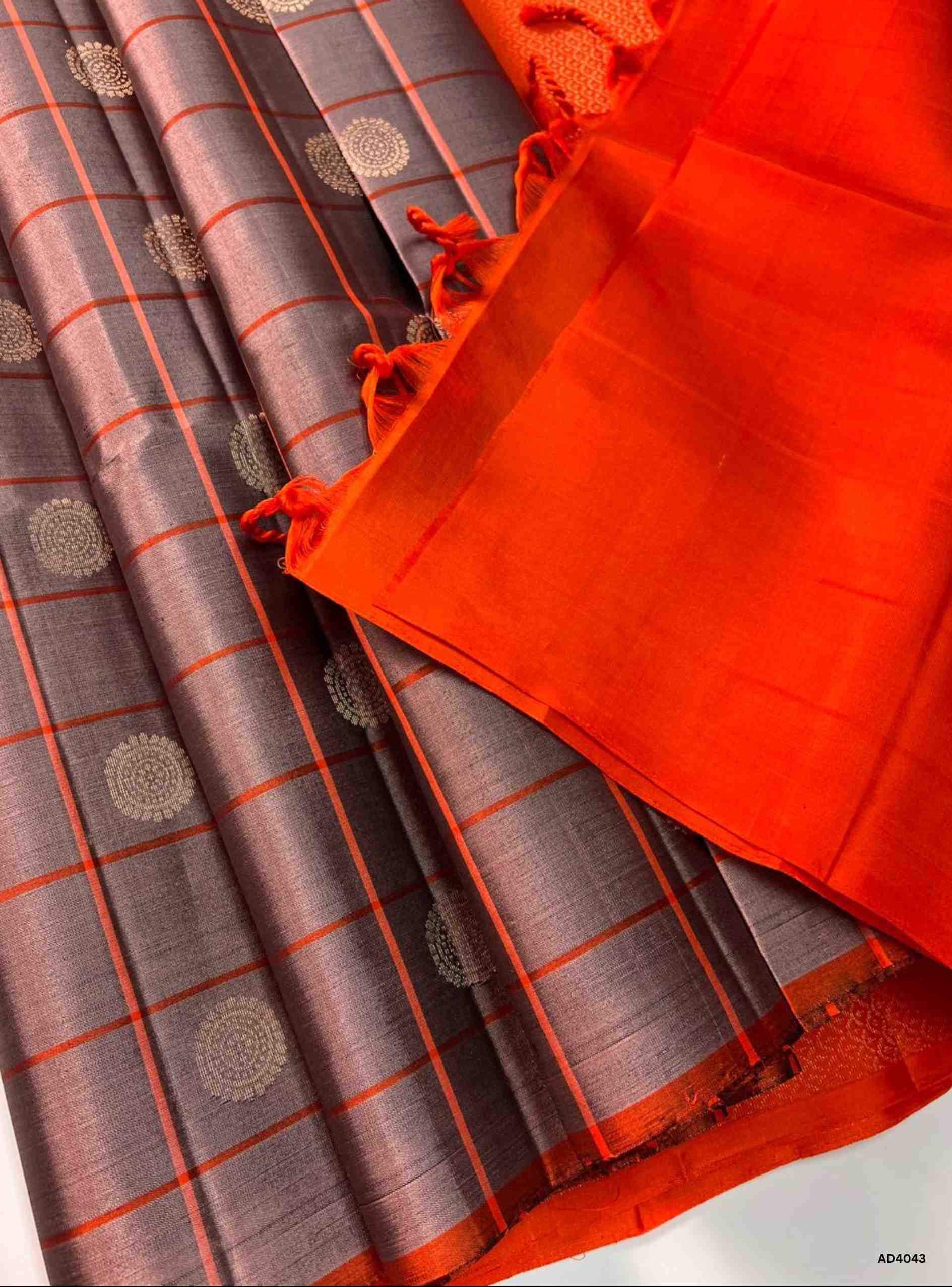 Stone Grey & Orange - Checkered Soft Silk Saree