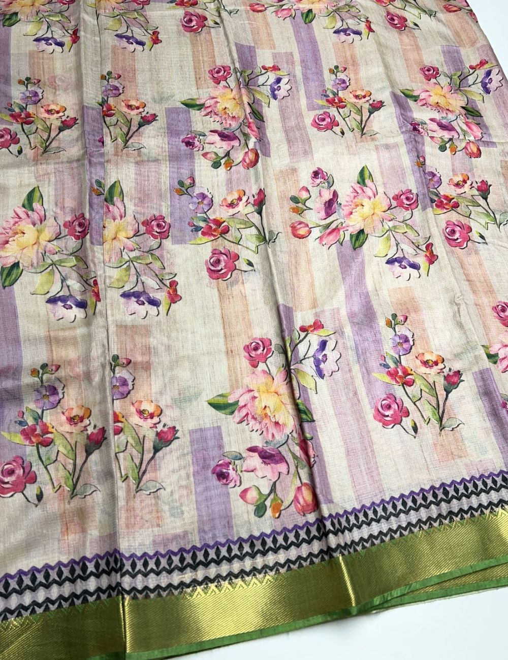 Half White & Green - Semi Tusser Saree
