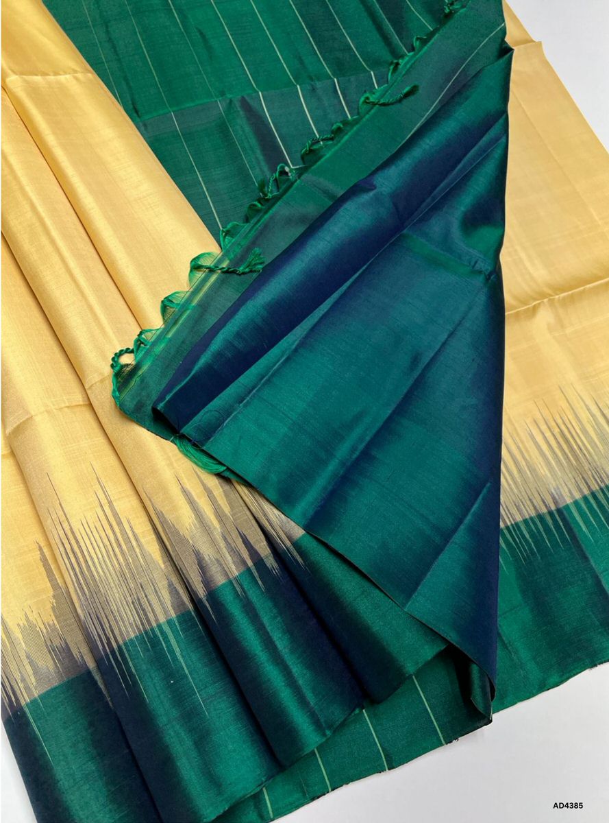 Dark Cream & Green - Contrast Plain Soft Silk Saree