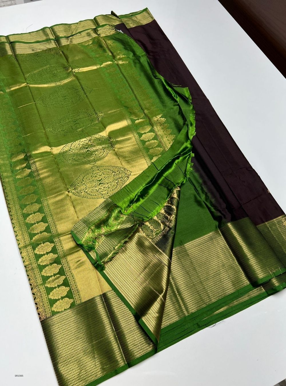 Dark Coffee Brown & Green - Semi Silk Saree