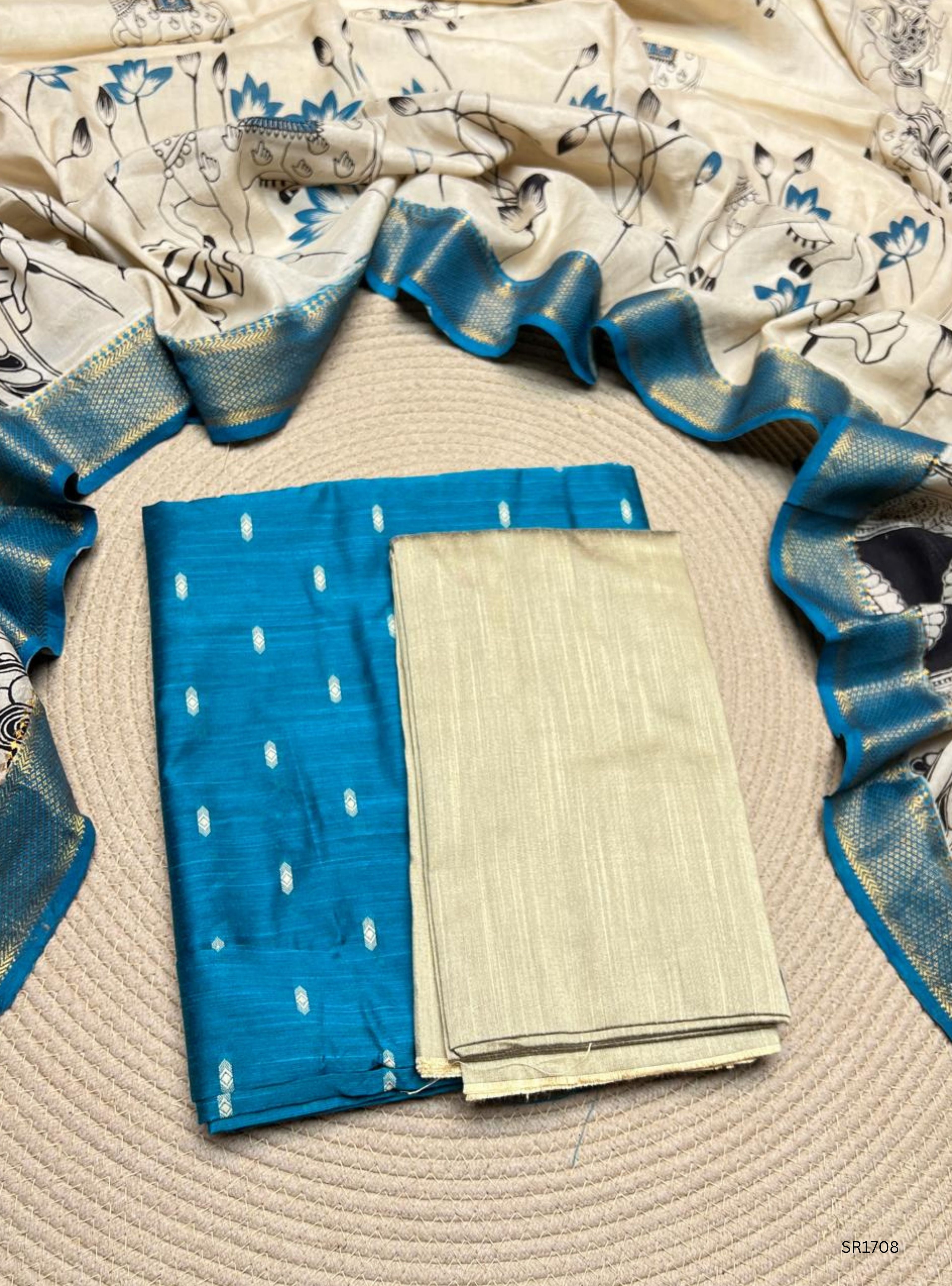 Peacock Blue - Raw Silk X Kalamkari Unstiched Suit 3 Pc Set