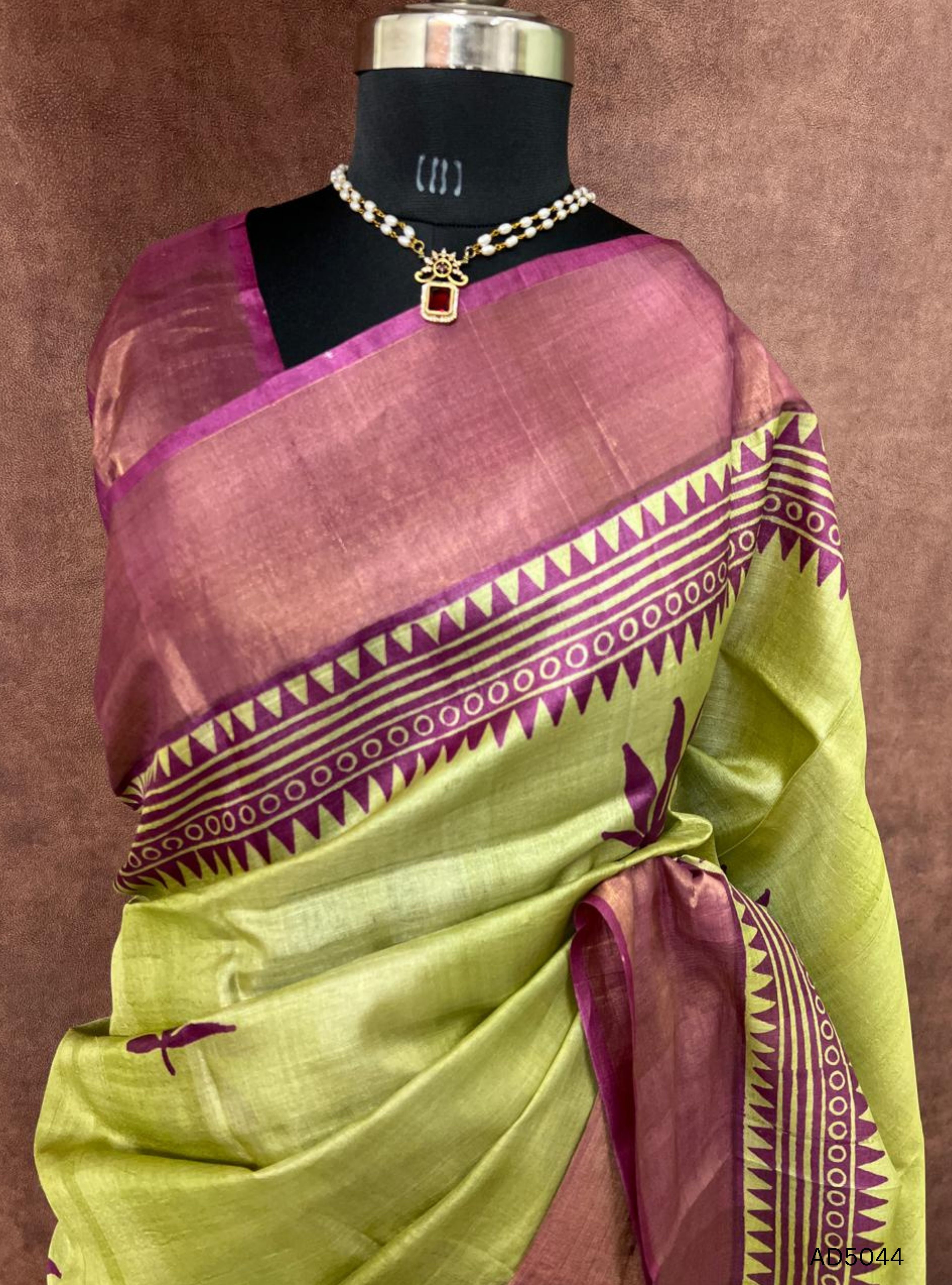Pista Green & Magenta - Pure Desi Tussar Saree
