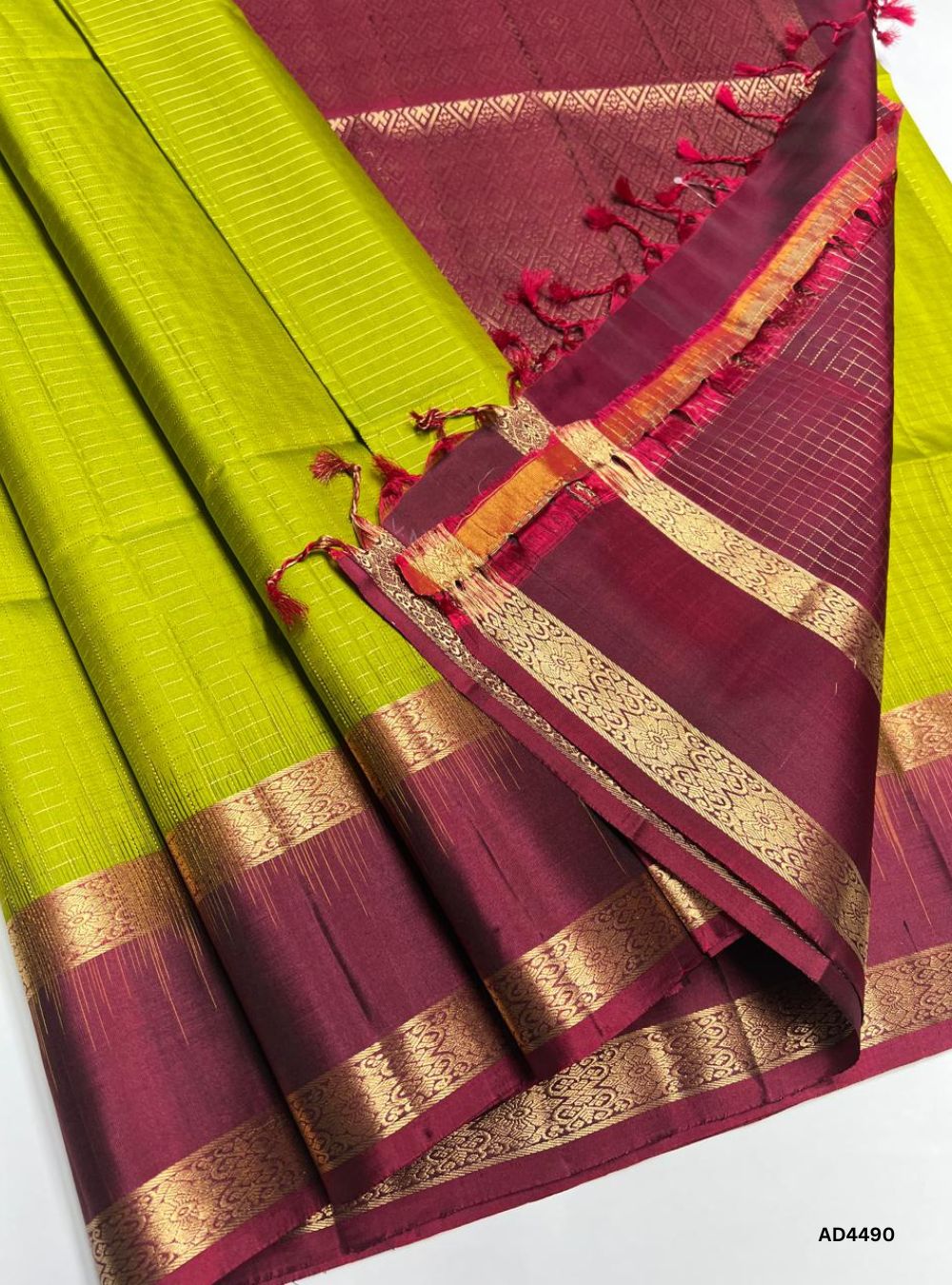 Lemon Green & Maroon - Checkerd Retta Pett Saree