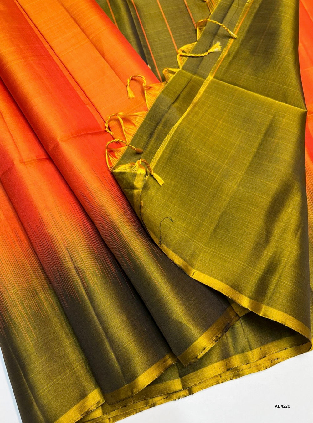 Orange & Olive Green - Plain Soft Silk Saree