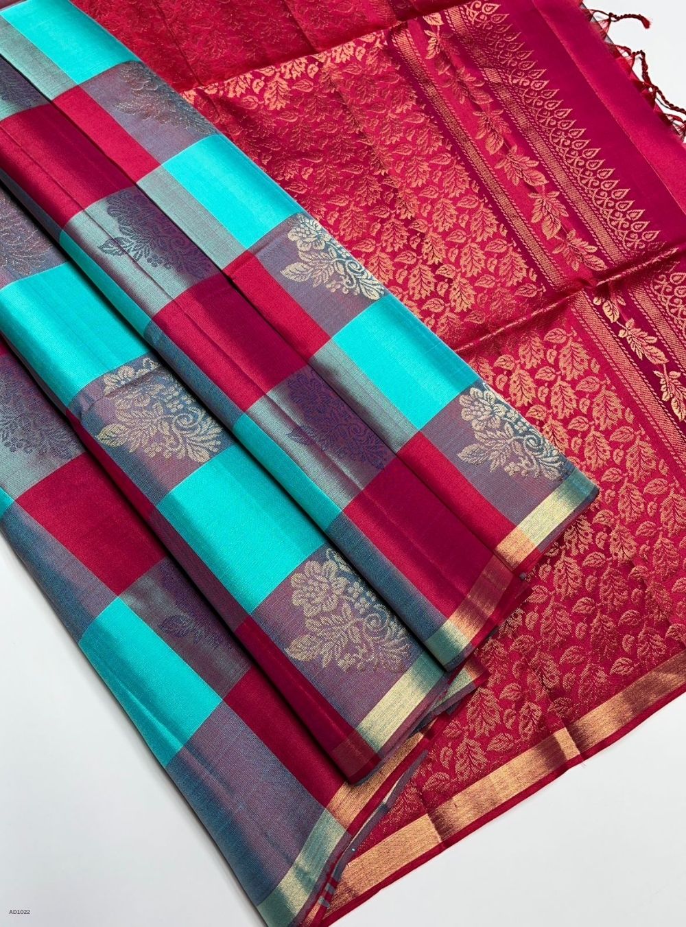 Sky Blue & Radish Red - Soft Silk Saree