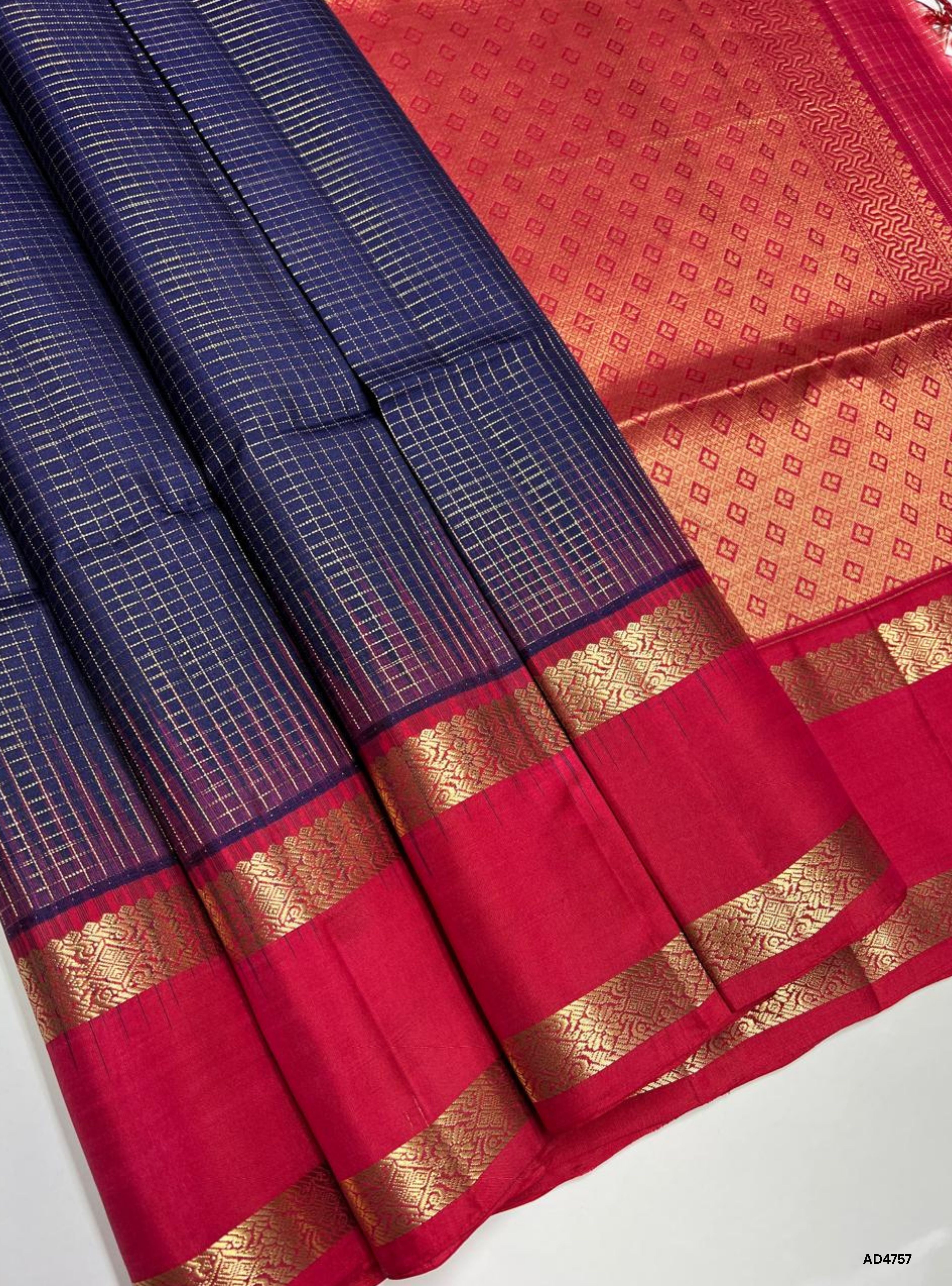 Ink Blue & Red - Checkerd Retta Pet Soft Silk Saree
