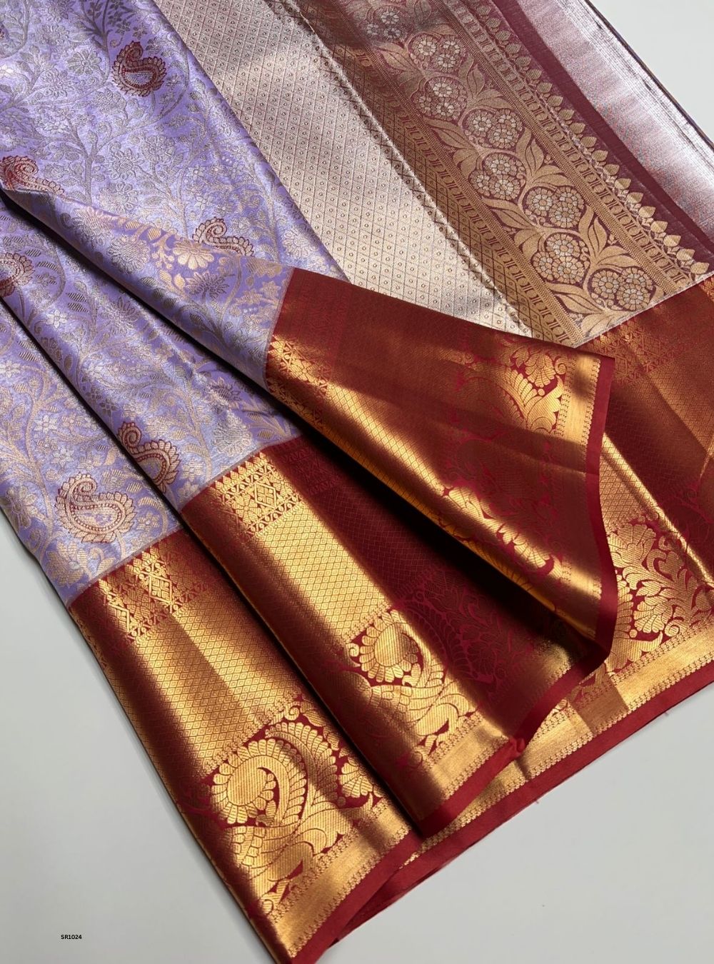 Lavender & Maroon - Semi Kanjeevaram Saree