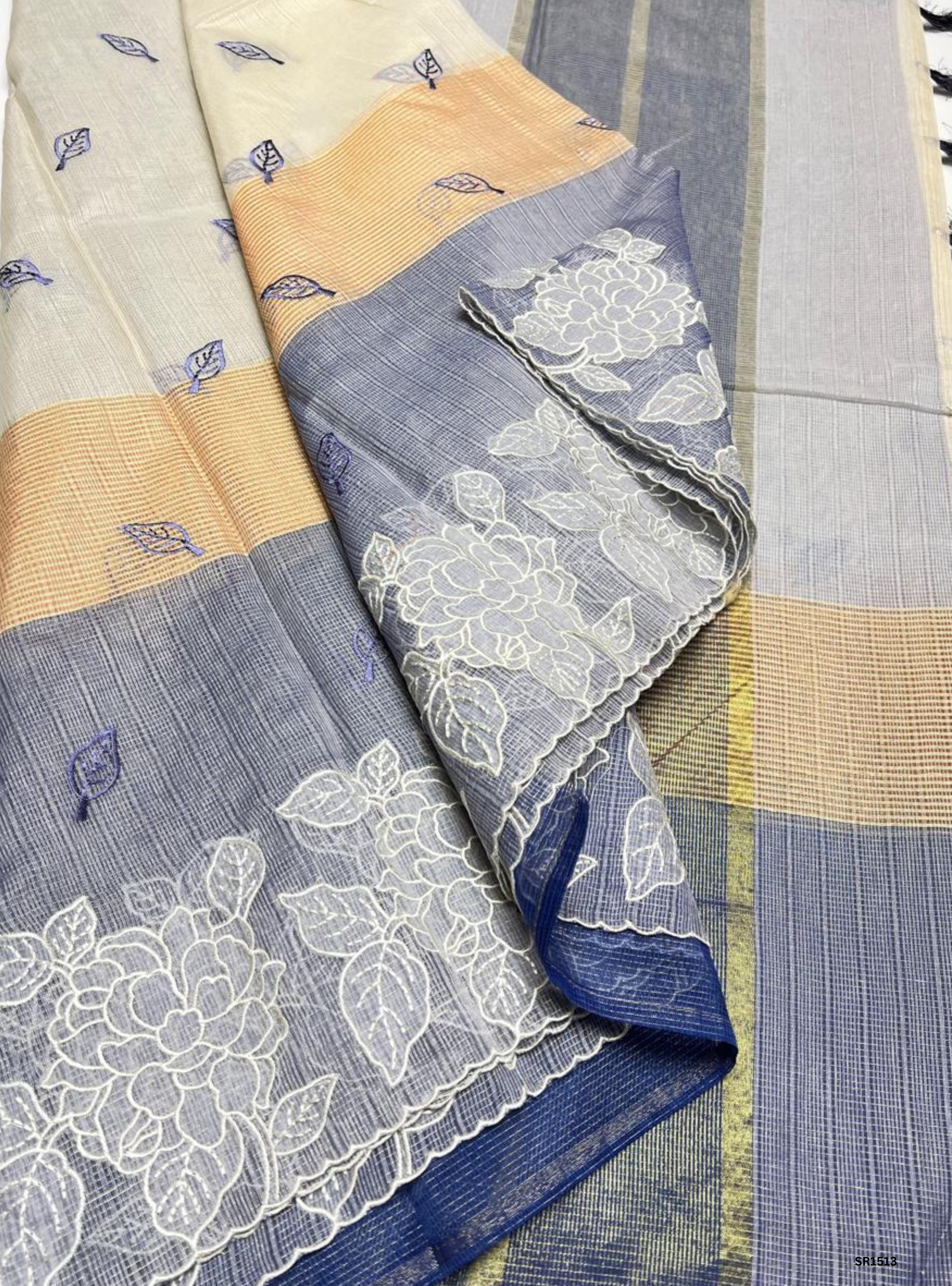 Cream & Purple - Kota Applique Work Saree