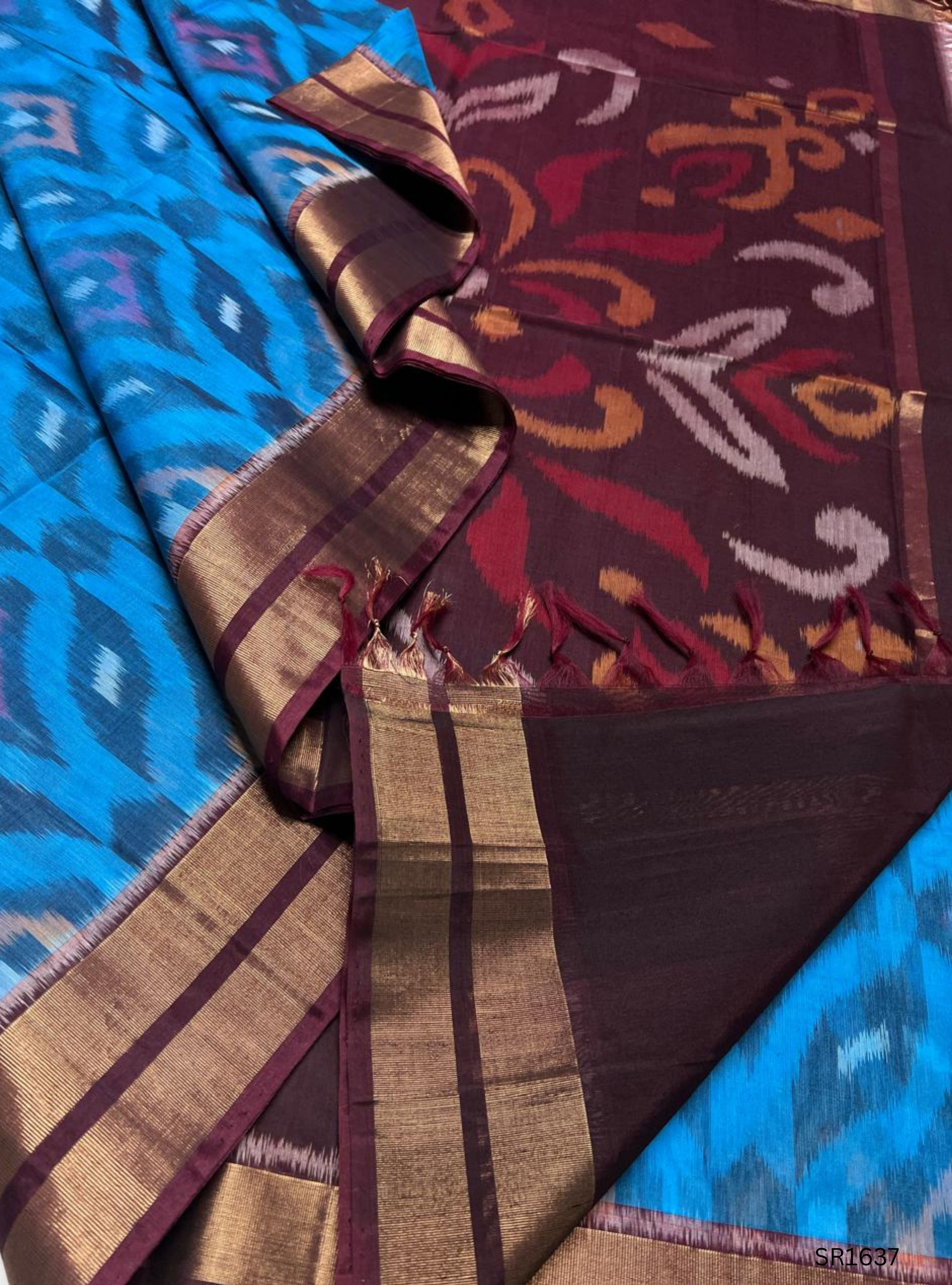 Blue , Black & Wine - Ikkat Kora Cotton Saree