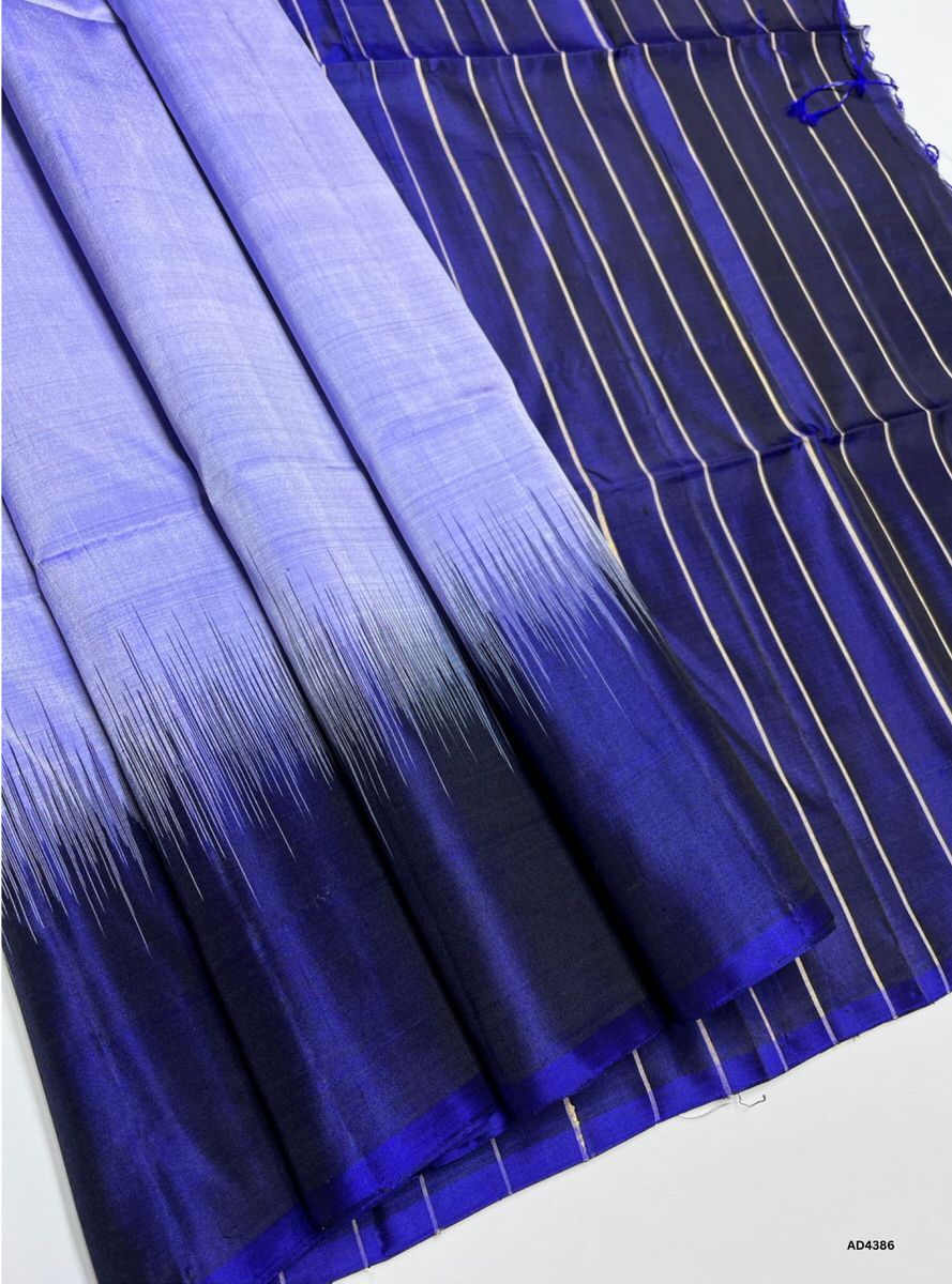 Pale Lilac & Ink Blue - Contrast Plain Soft Silk Saree