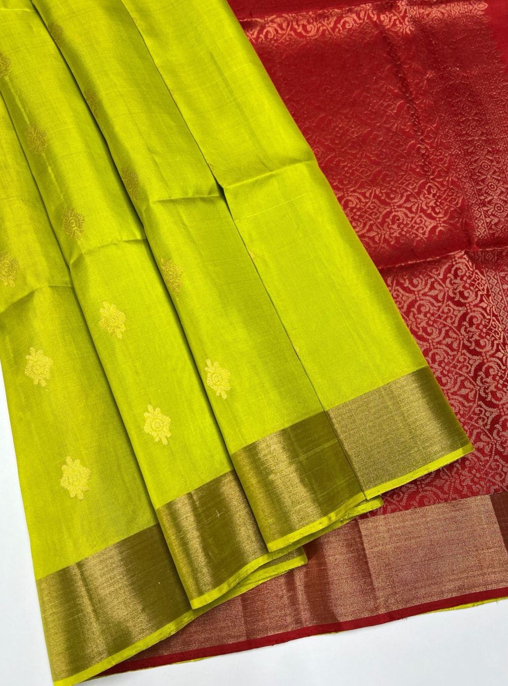 Lime Green & Red - Soft Silk Saree Minor Damage