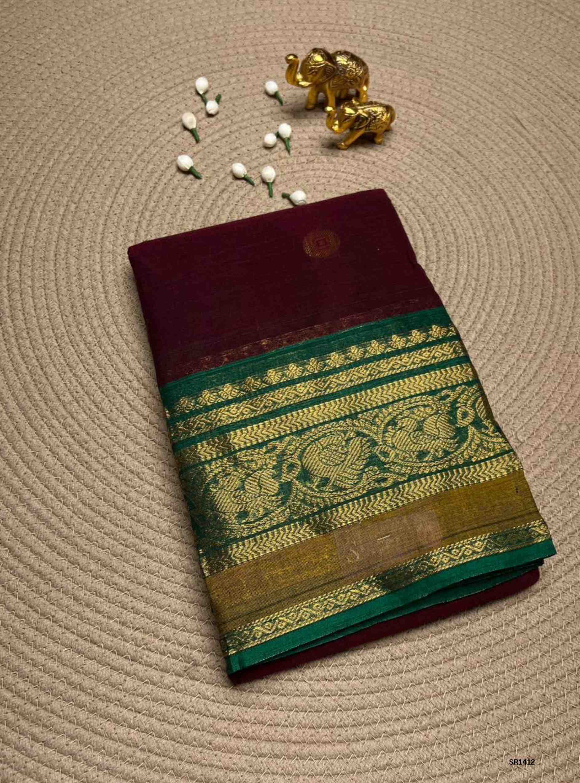 Coffee Brown & Green - Kanchi Cotton Saree
