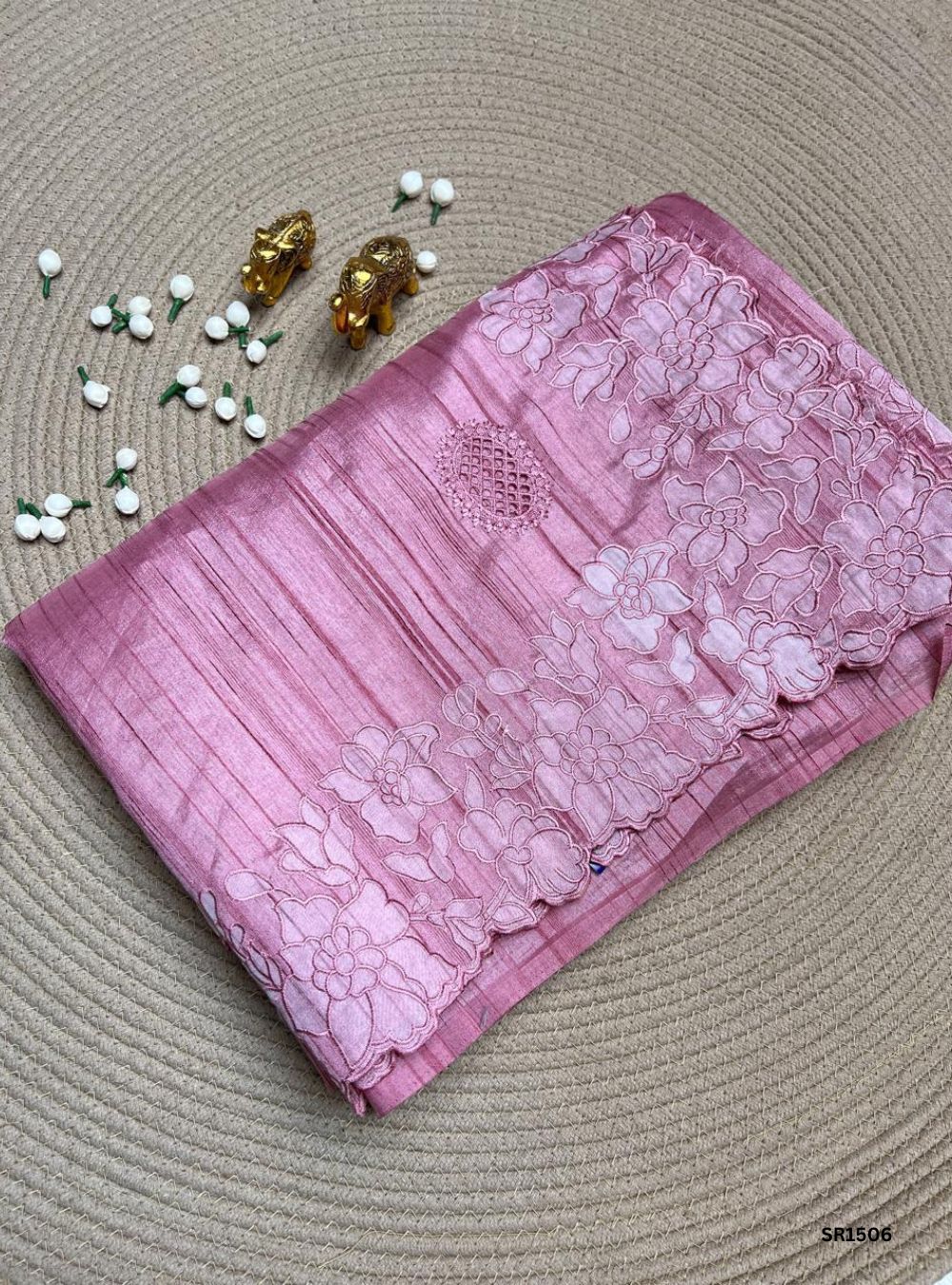 Pink - Semi Tussar Applique Cut Work Saree