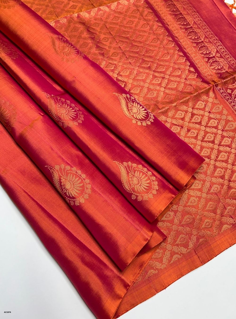Orangish Pink - Soft Silk Saree