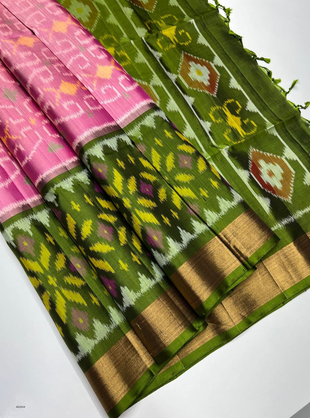 Lotus pink & Green  - Soft Silk Saree