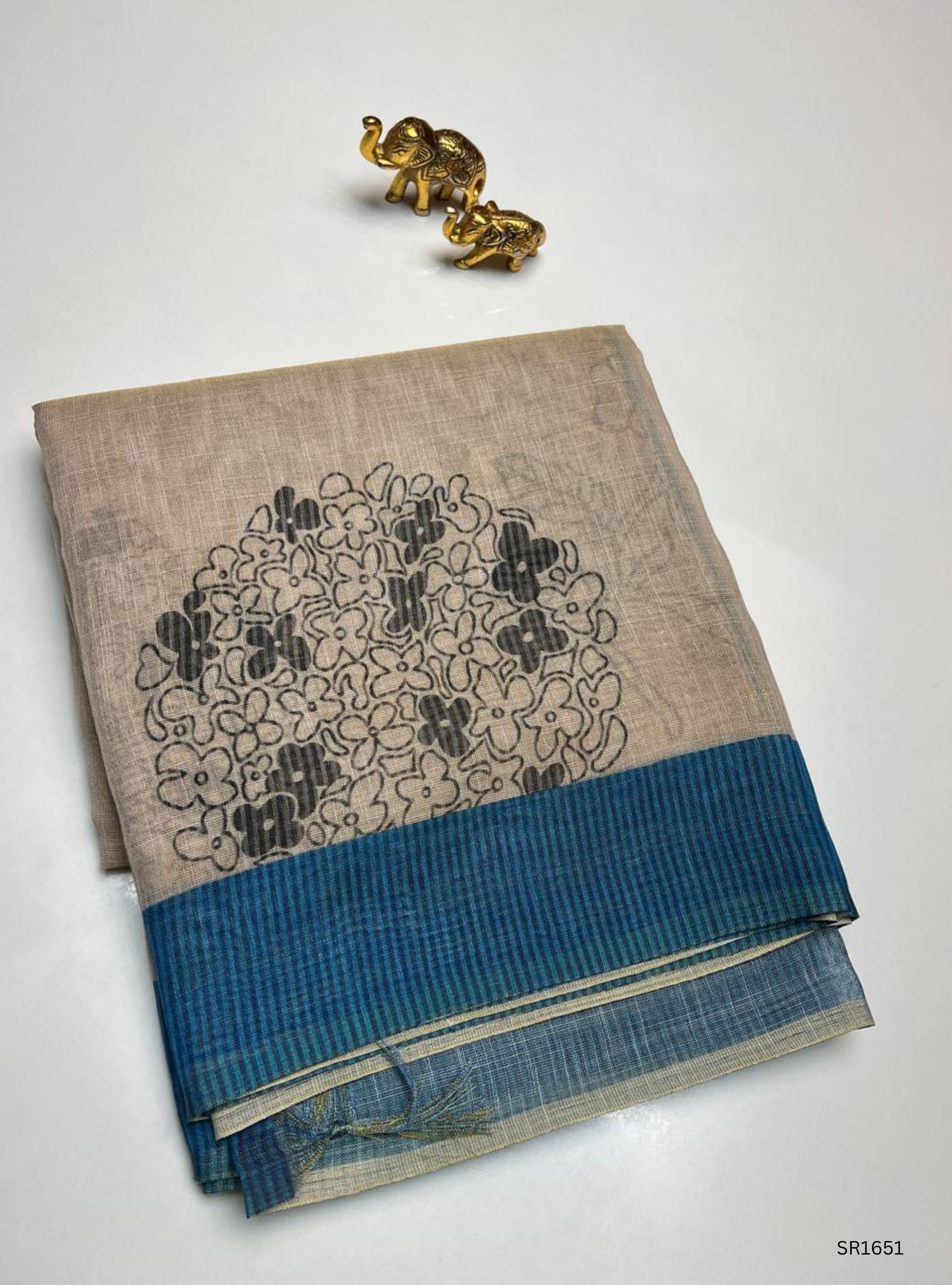 Cream & Blue - Linen  Saree