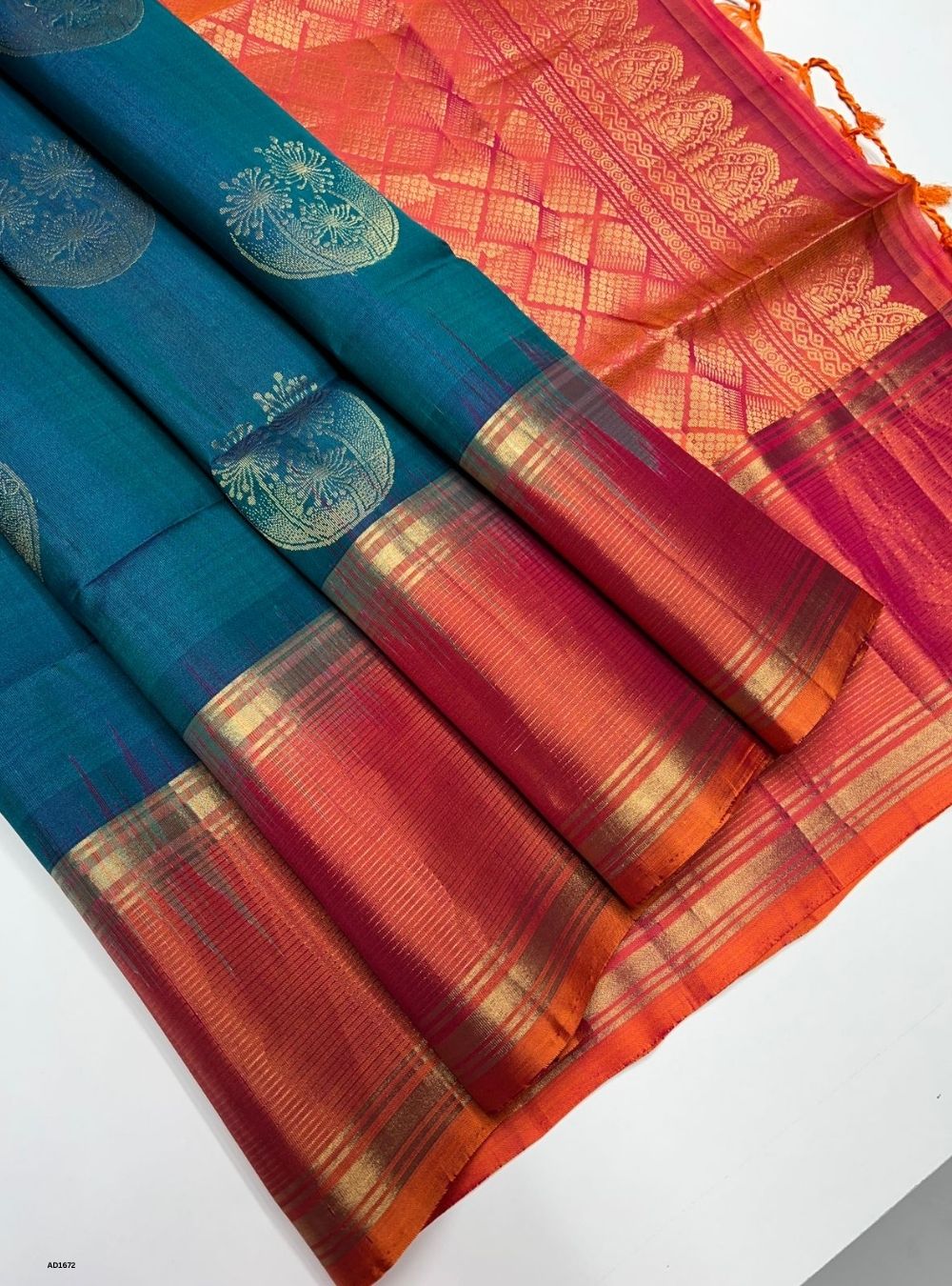 Peacock Green & Orangish Pink  -  Soft Silk Saree