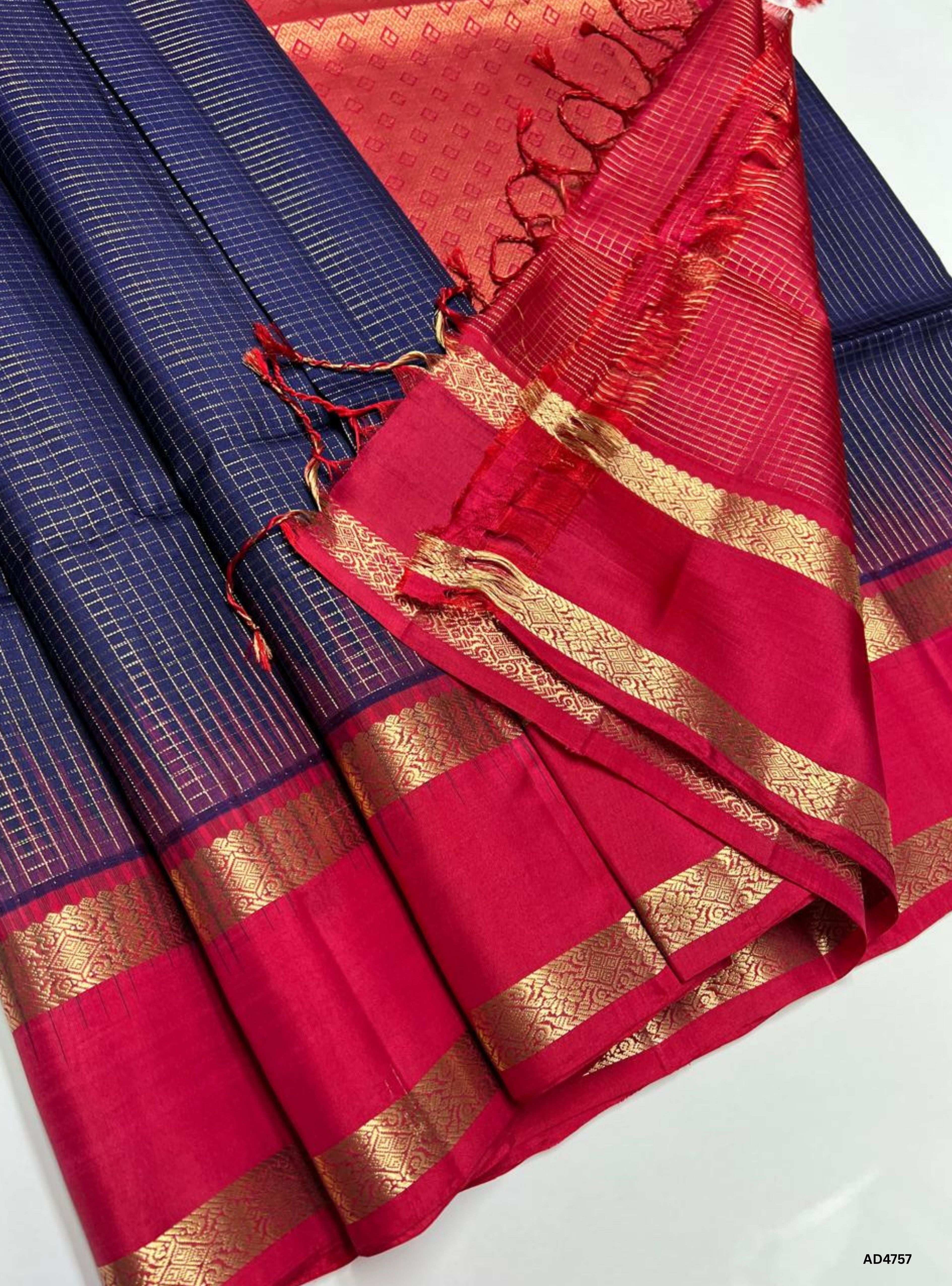 Ink Blue & Red - Checkerd Retta Pet Soft Silk Saree