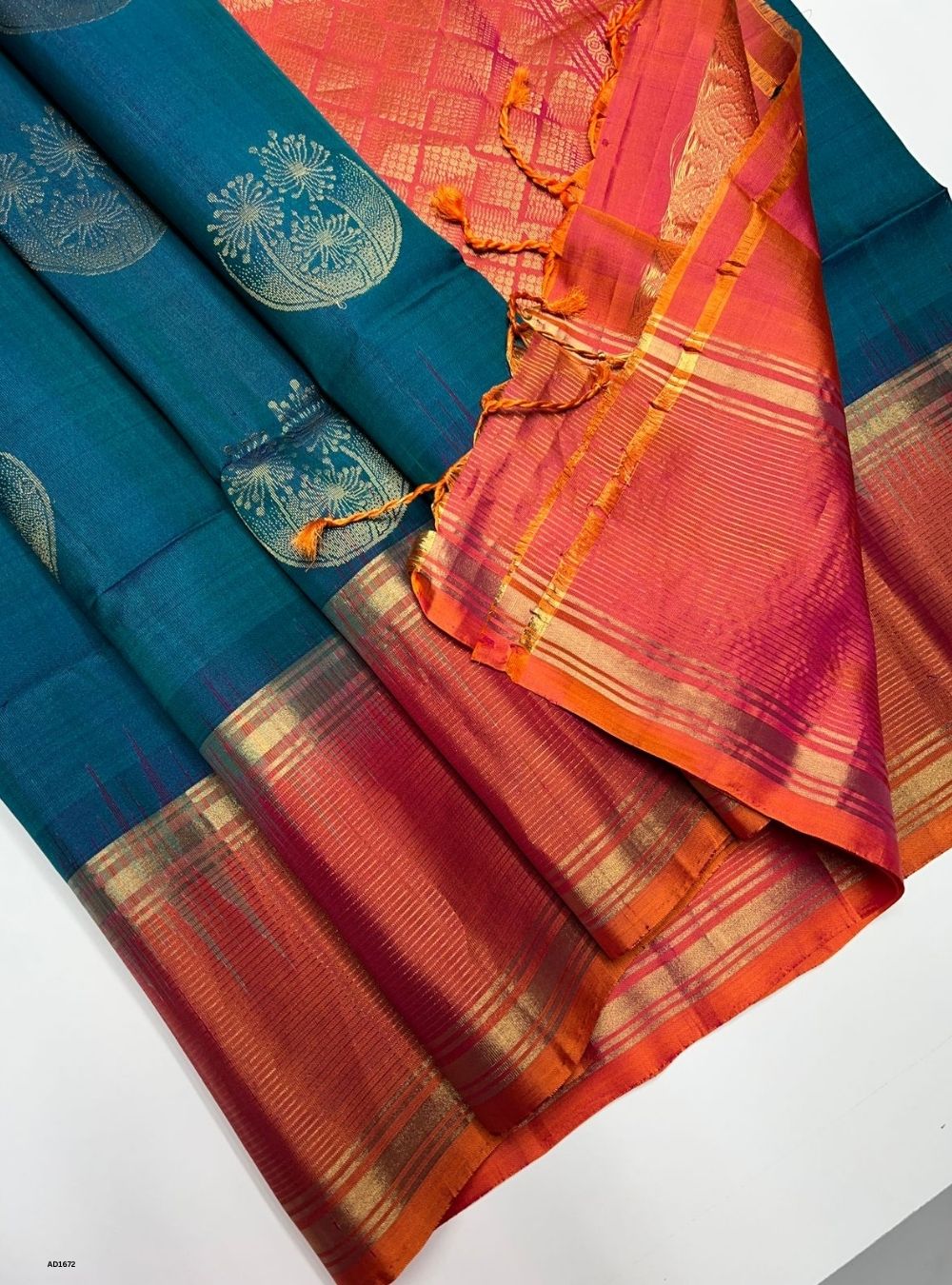 Peacock Green & Orangish Pink  -  Soft Silk Saree