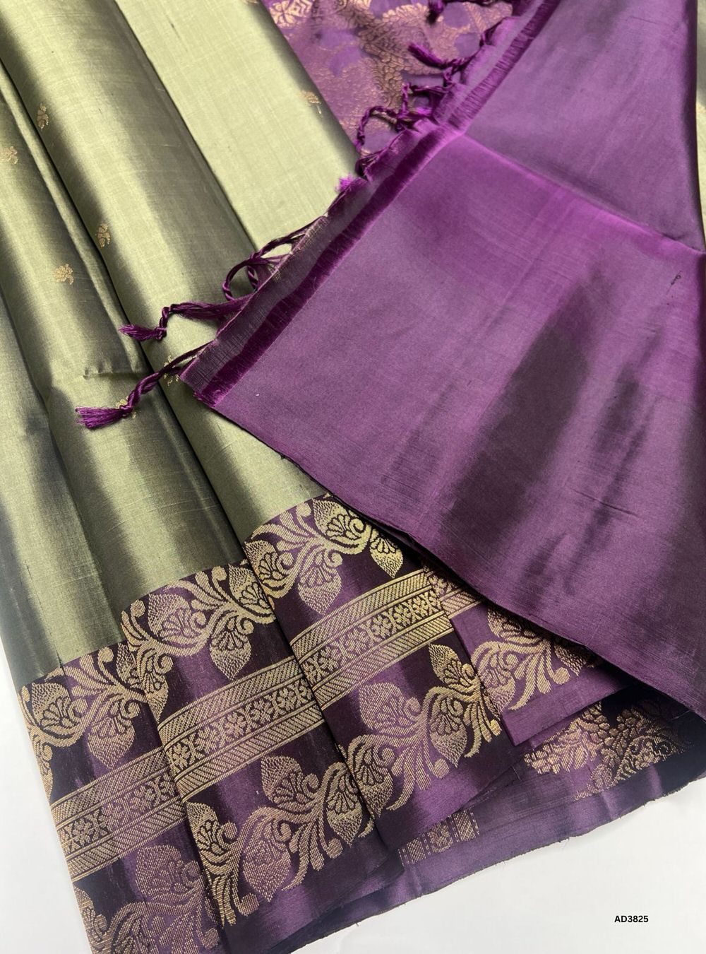 Basil Green & Plum - One Side Border Soft Silk Saree