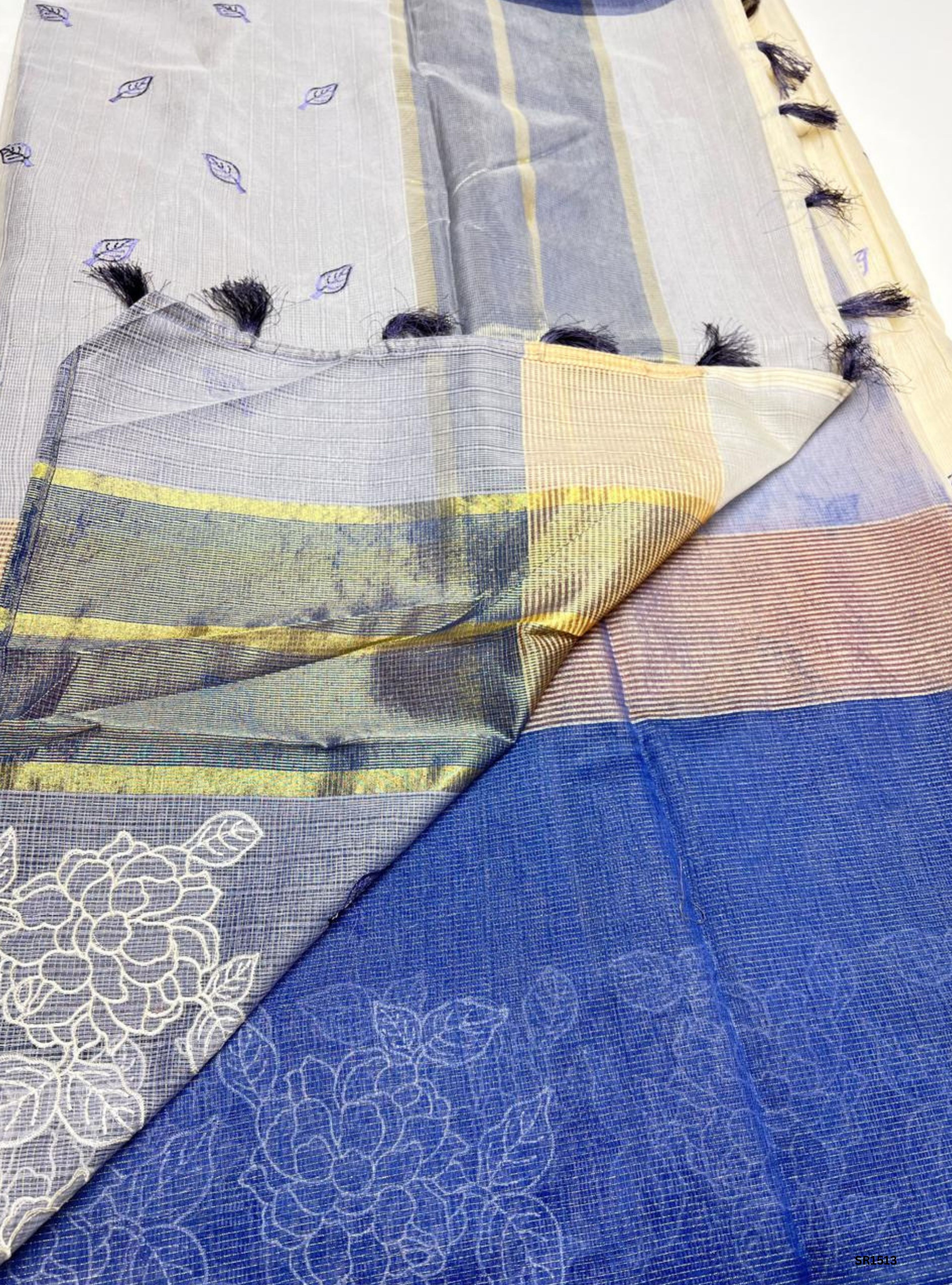 Cream & Purple - Kota Applique Work Saree