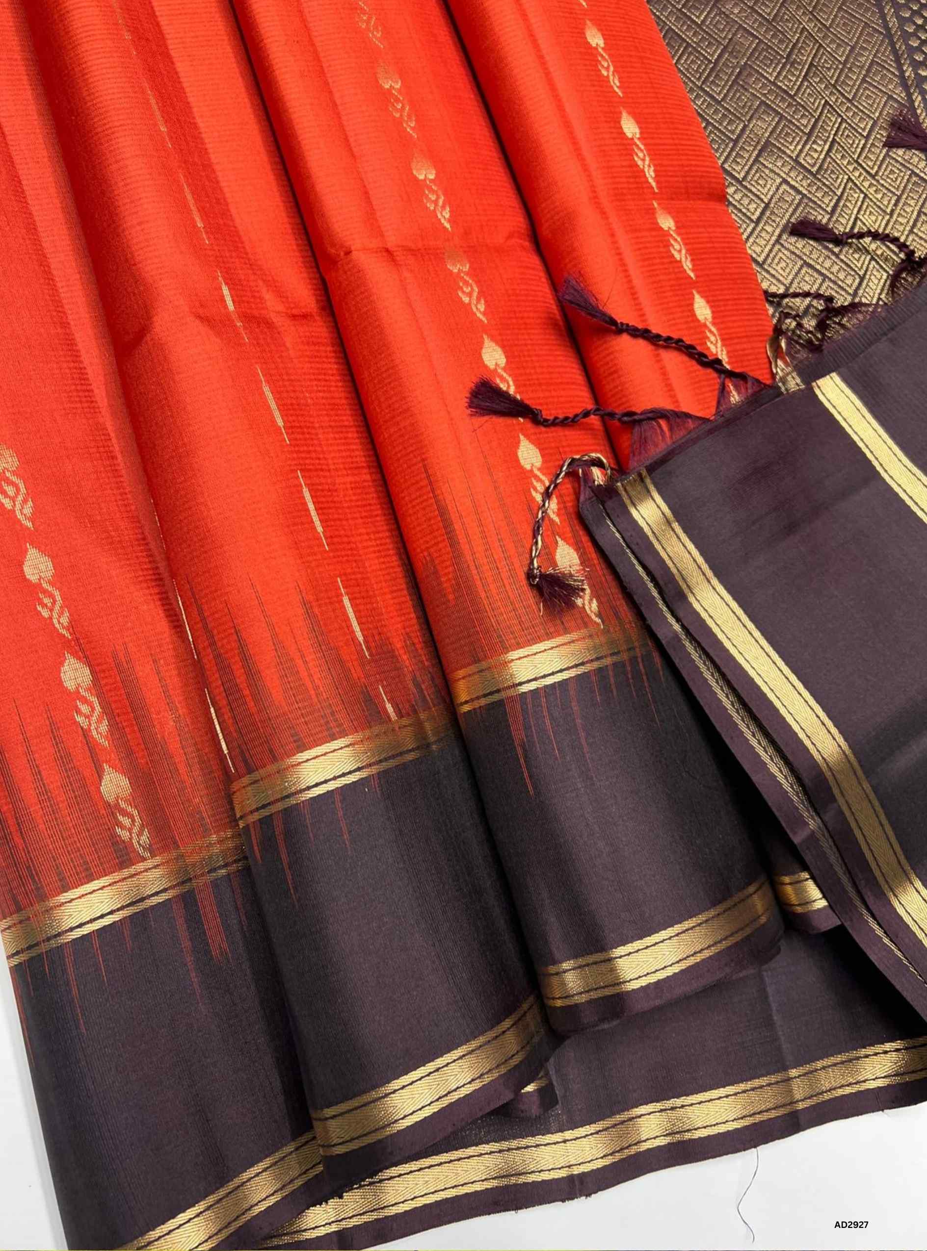 Orange & Coffee Brown - Soft Silk Saree