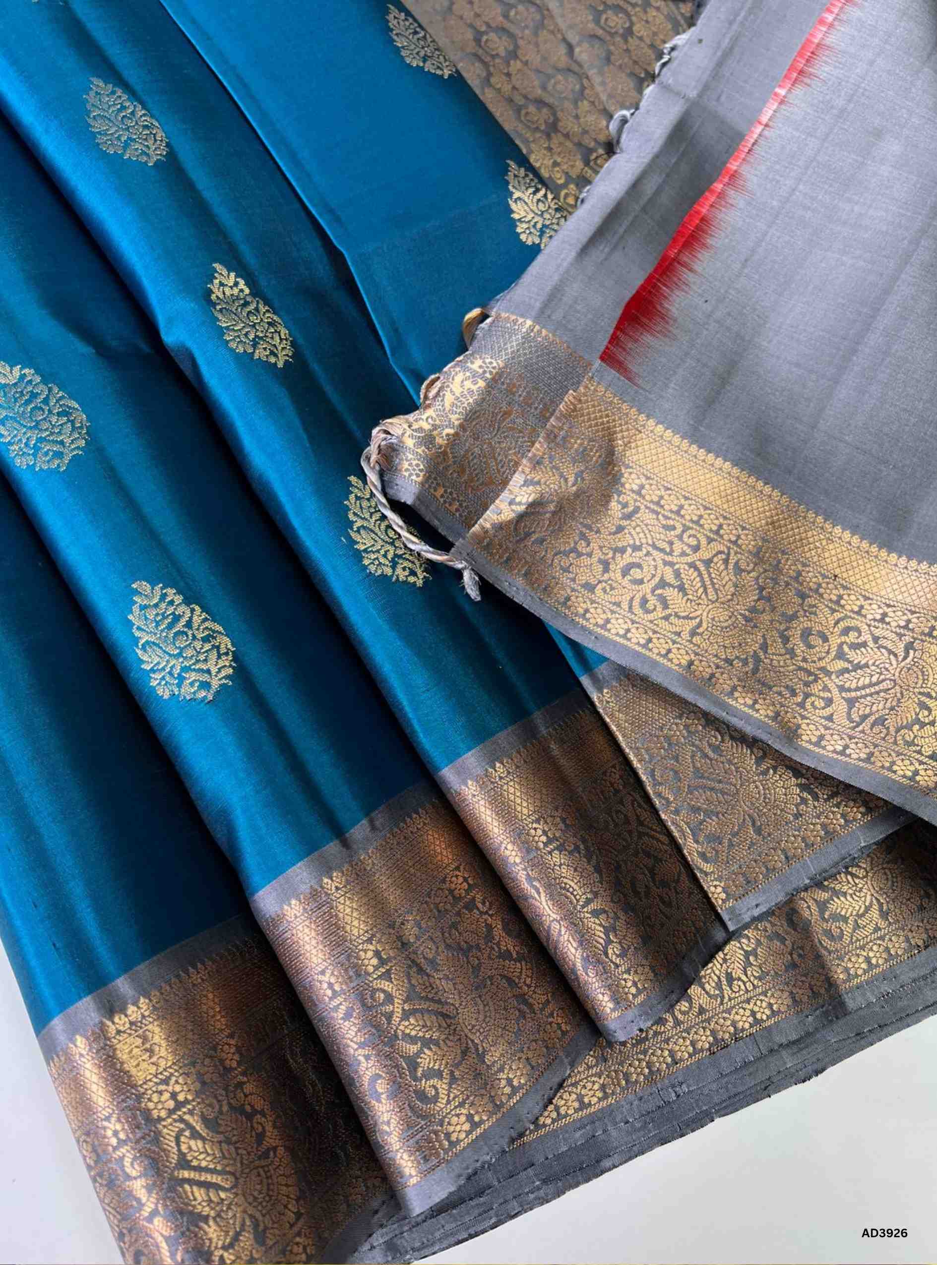 Teal Blue & Grey - Kanchi Border Soft Silk Saree