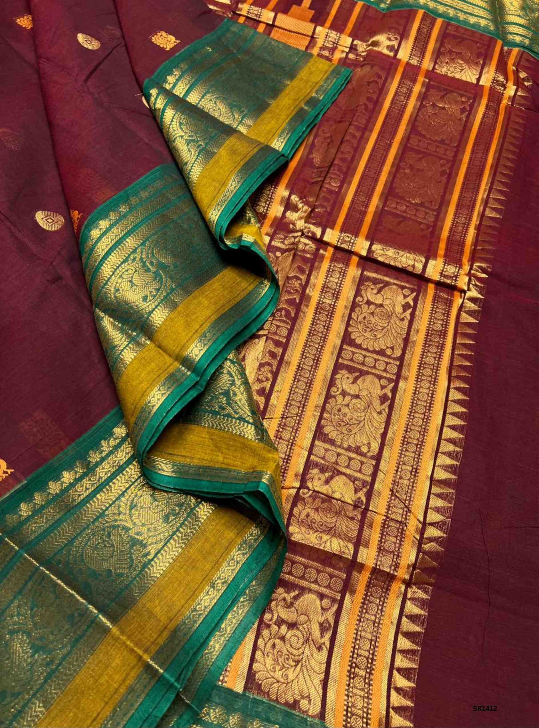Coffee Brown & Green - Kanchi Cotton Saree