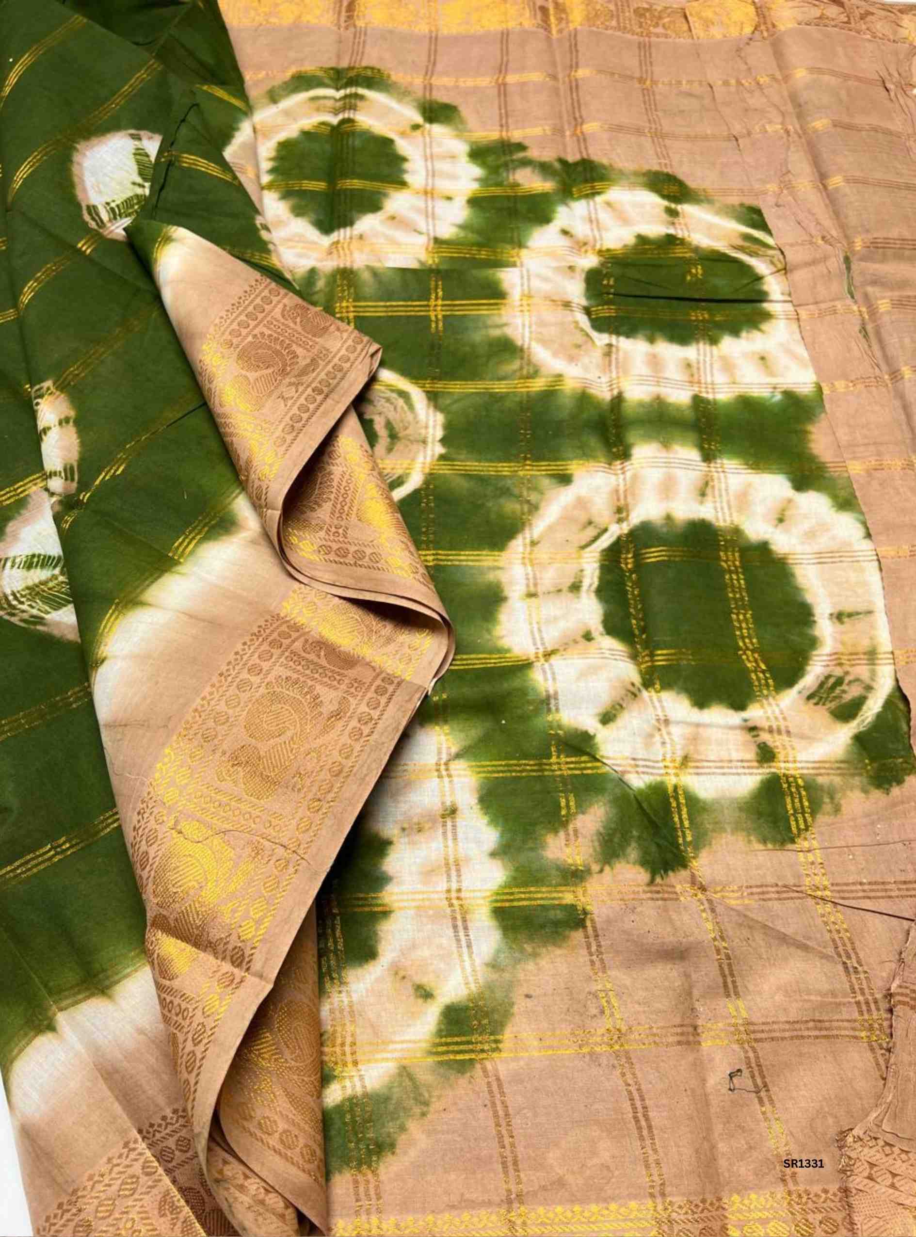 Green & Creme Pink - Velthaari X Bandhini Cotton Saree