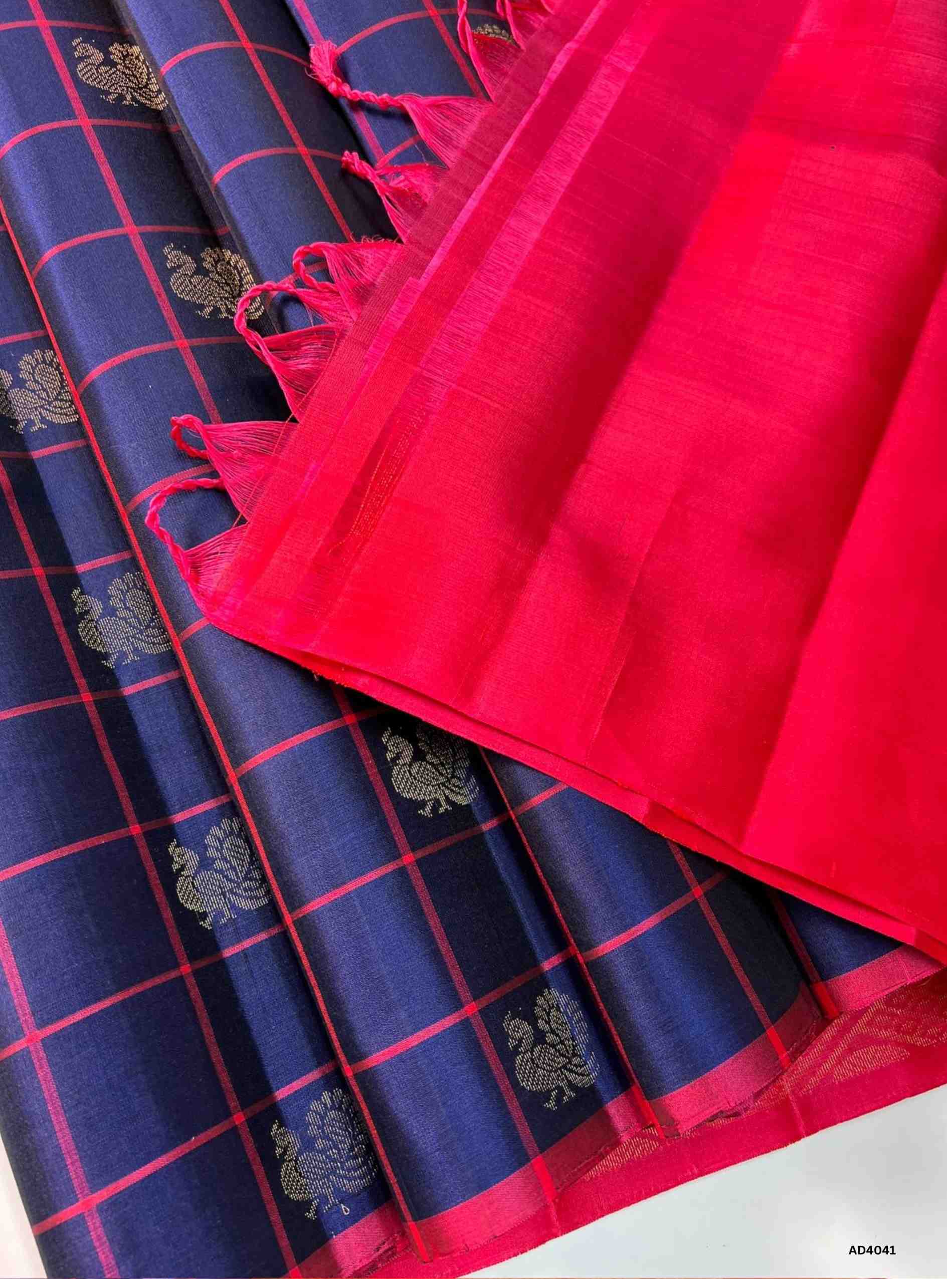 Navy Blue & Pink  - Checkered Soft Silk Saree