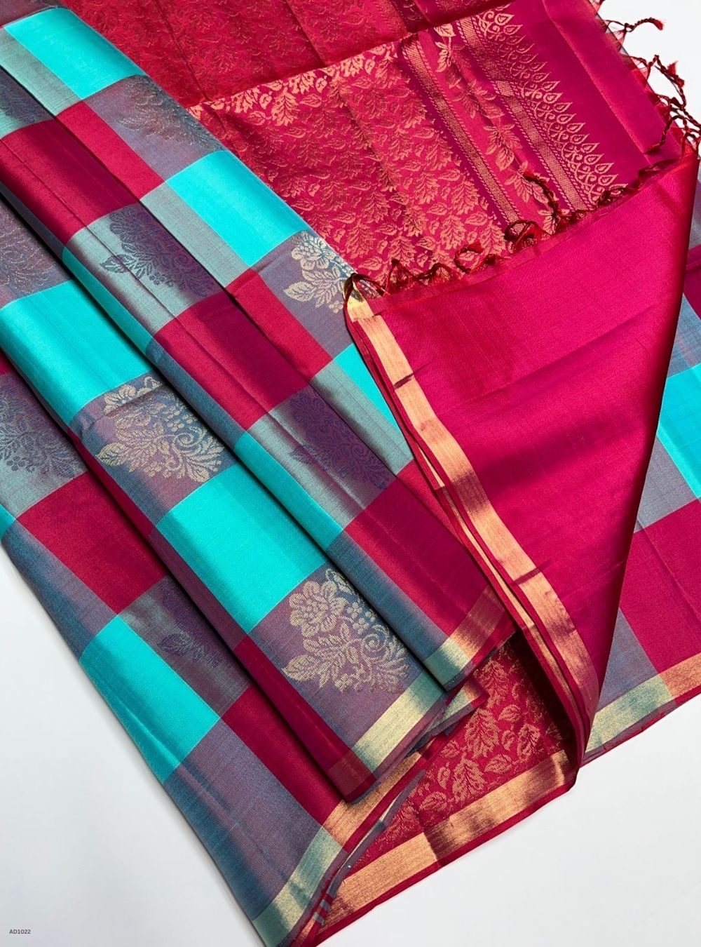 Sky Blue & Radish Red - Soft Silk Saree