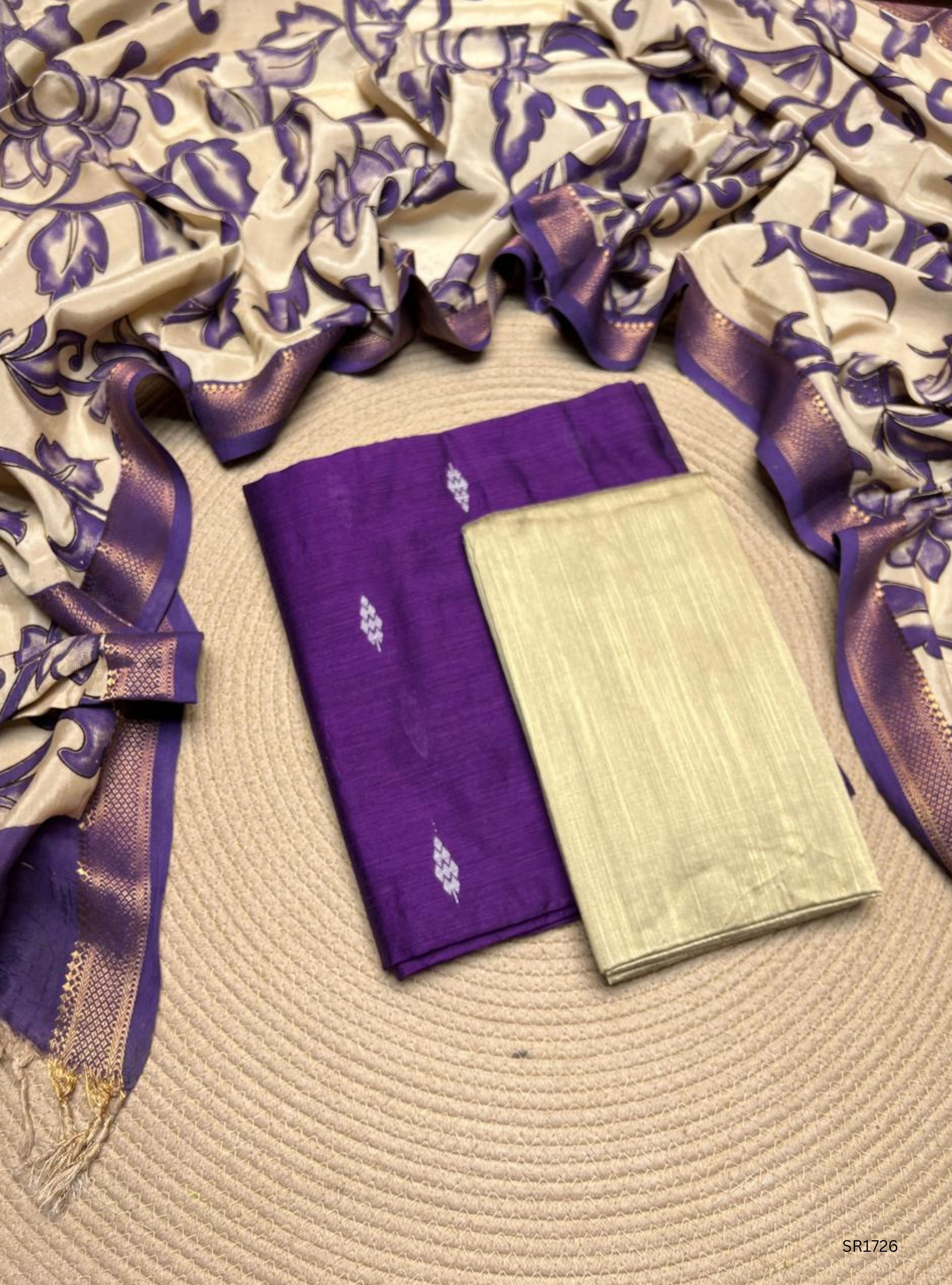 Purple - Raw Silk X Kalamkari Unstiched Suit 3 Pc Set