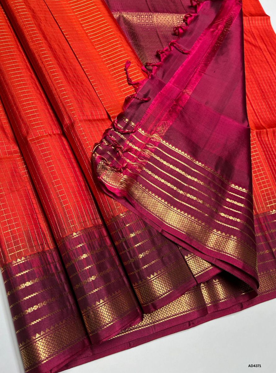 Orange & Maroon - Checkered Retta Pet Saree