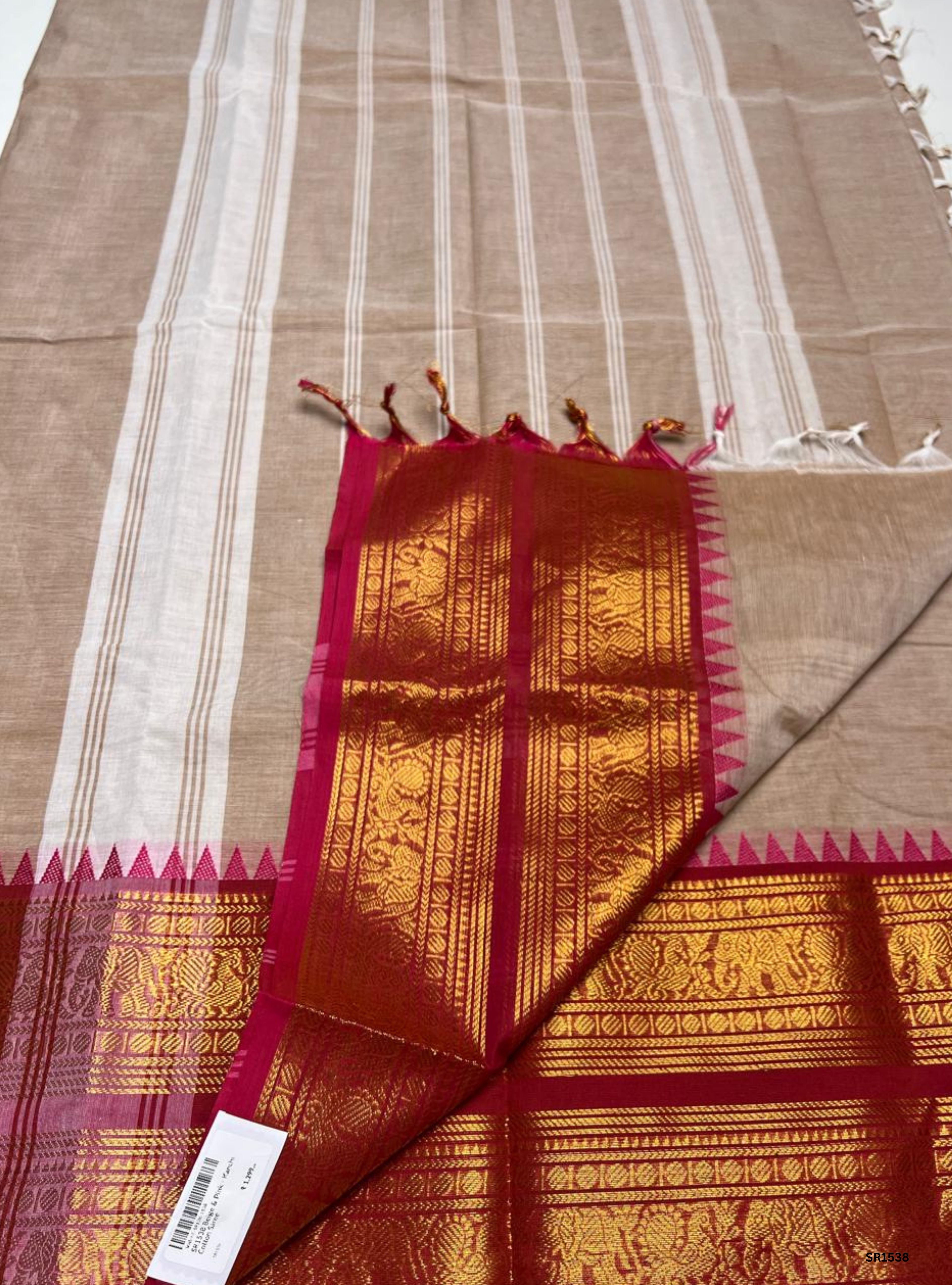 Beige & Pink - Kanchi Cotton Saree