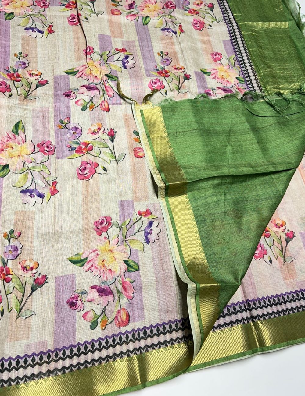 Half White & Green - Semi Tusser Saree