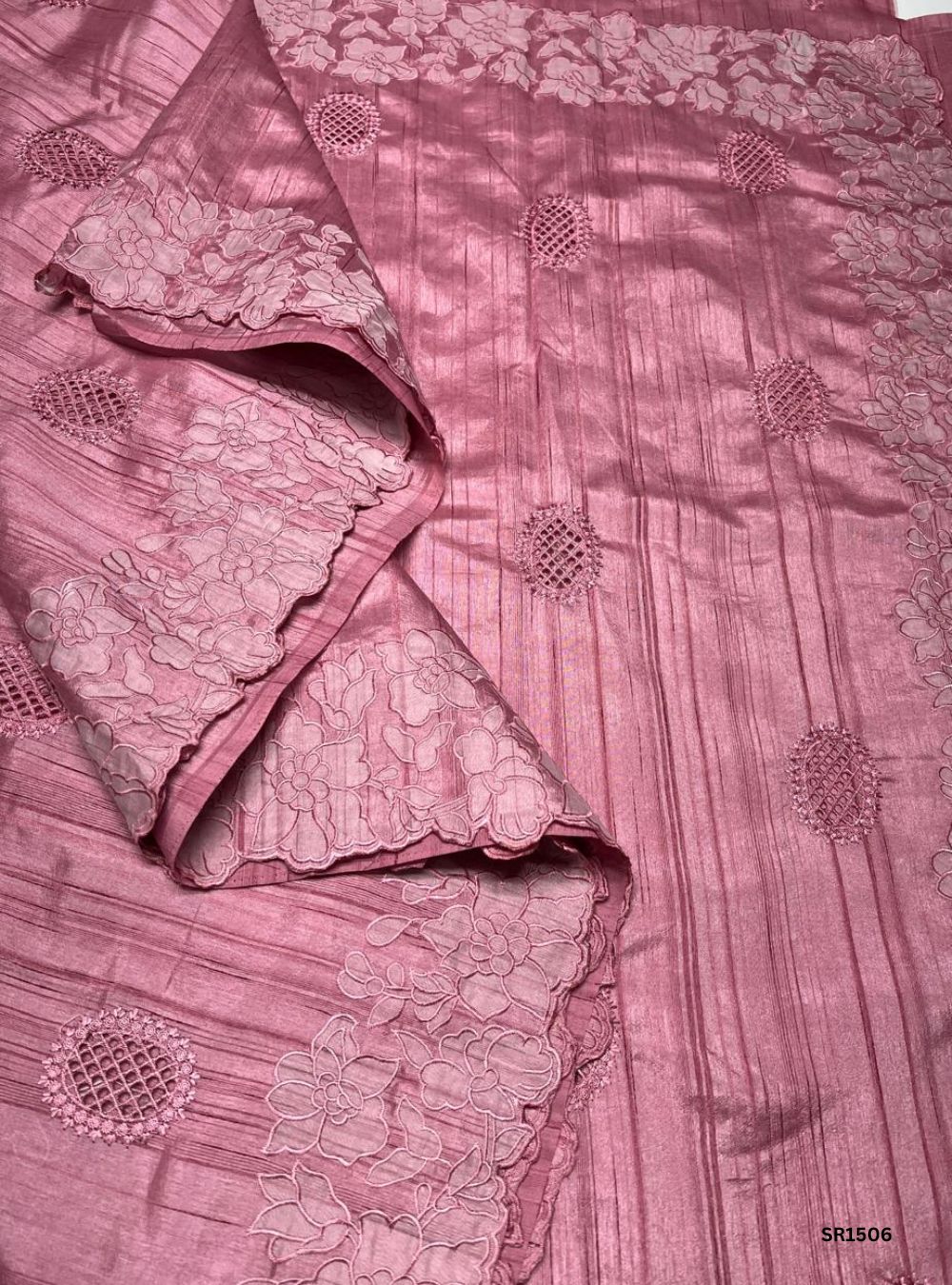 Pink - Semi Tussar Applique Cut Work Saree