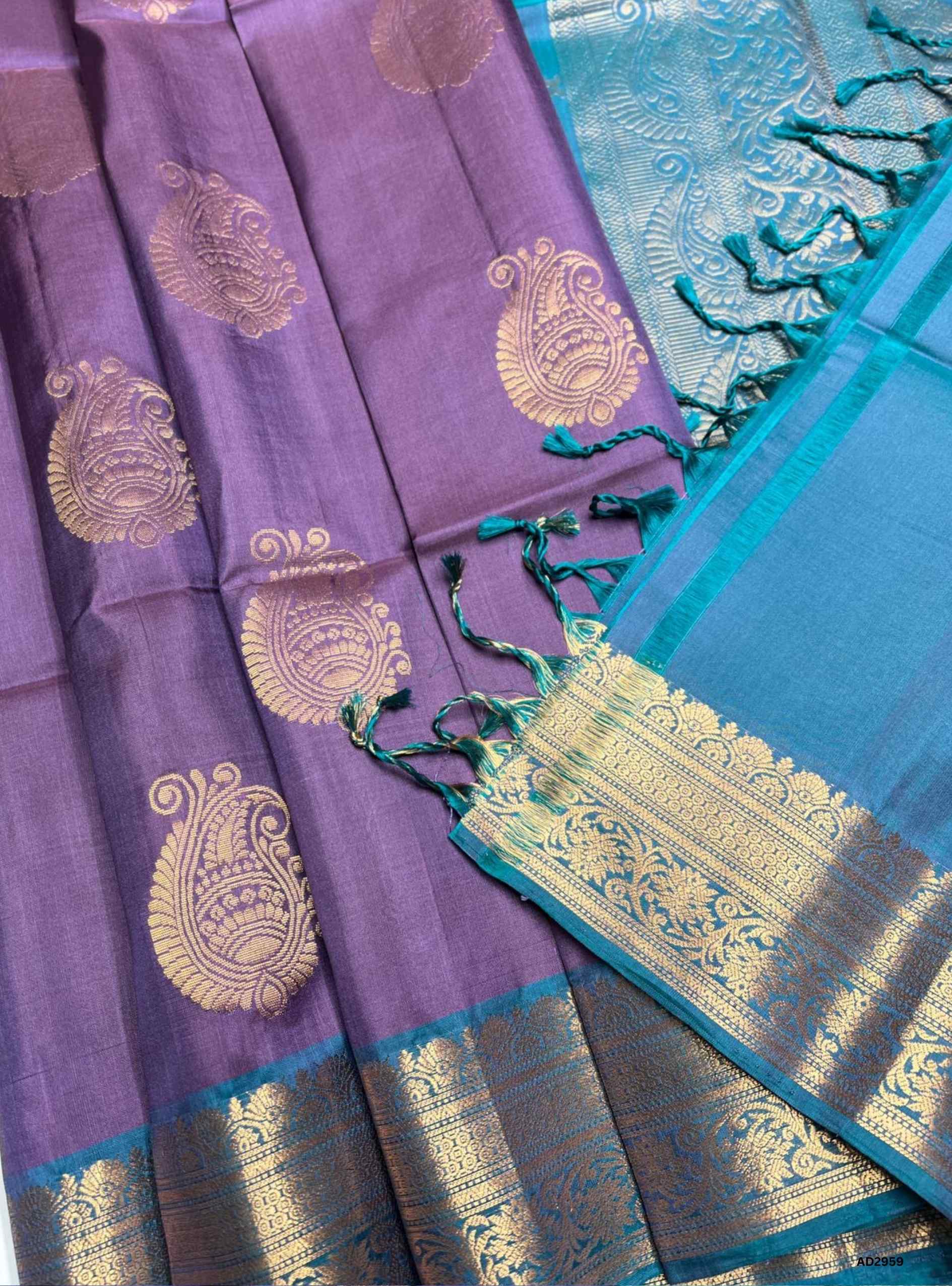 Dark Lavender & Rama Green - Soft Silk Saree