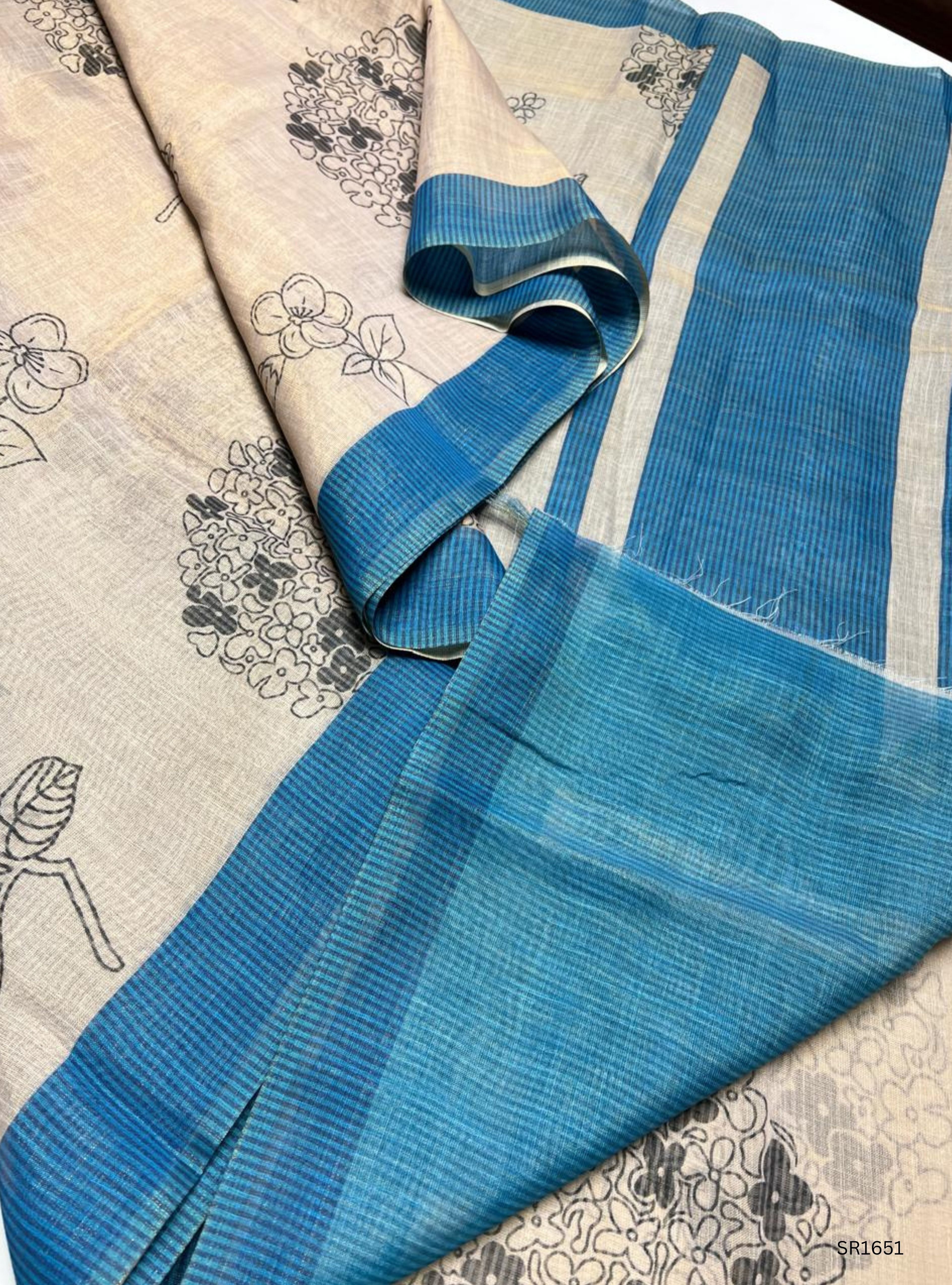 Cream & Blue - Linen  Saree