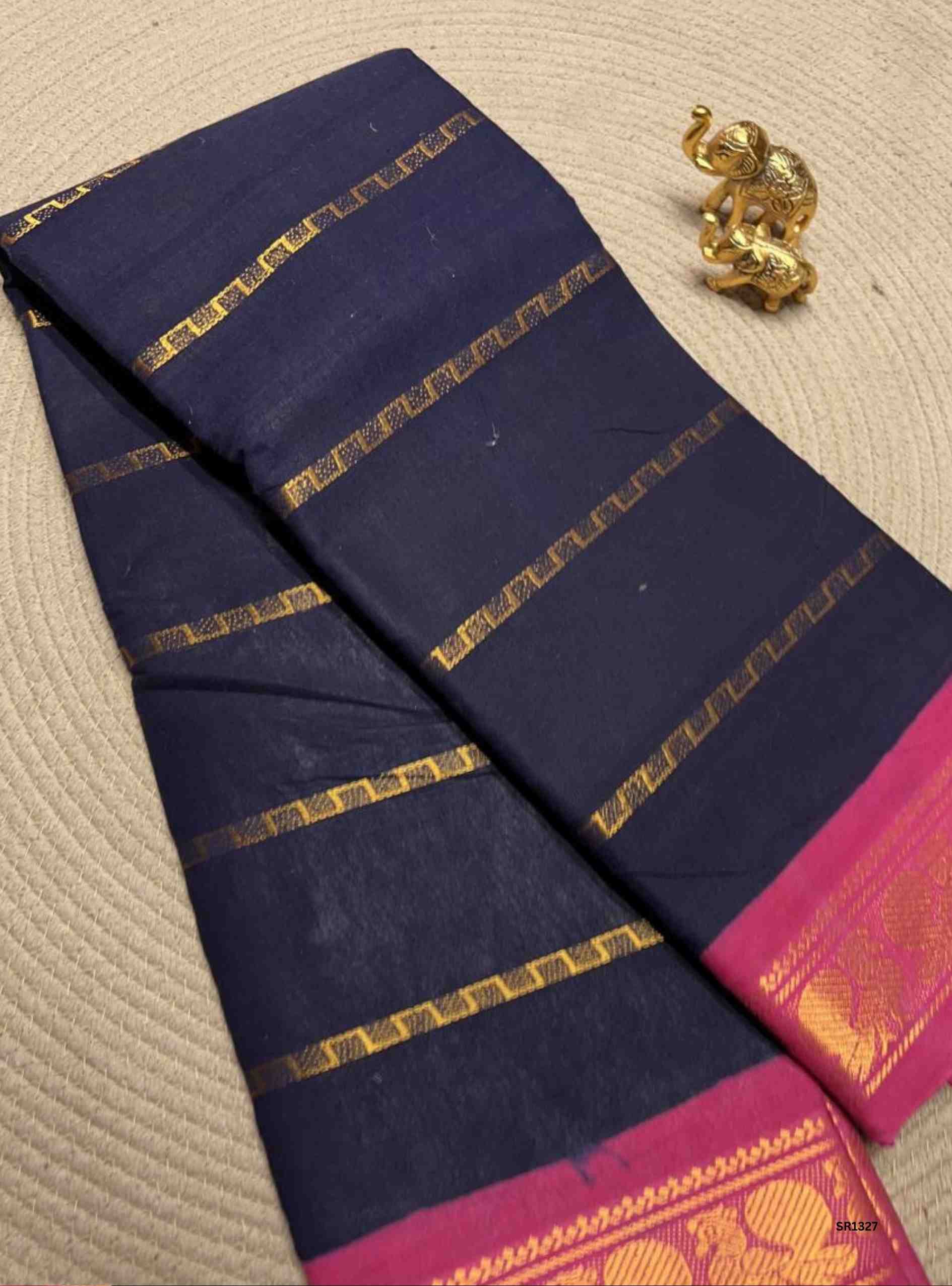 Navy Blue & Pink - Velthaari Chungudi Cotton Saree