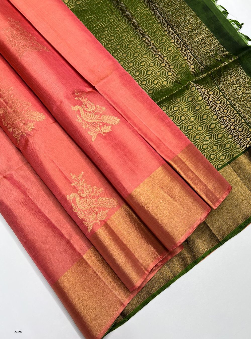 Peach & Dark Green - Soft Silk Saree