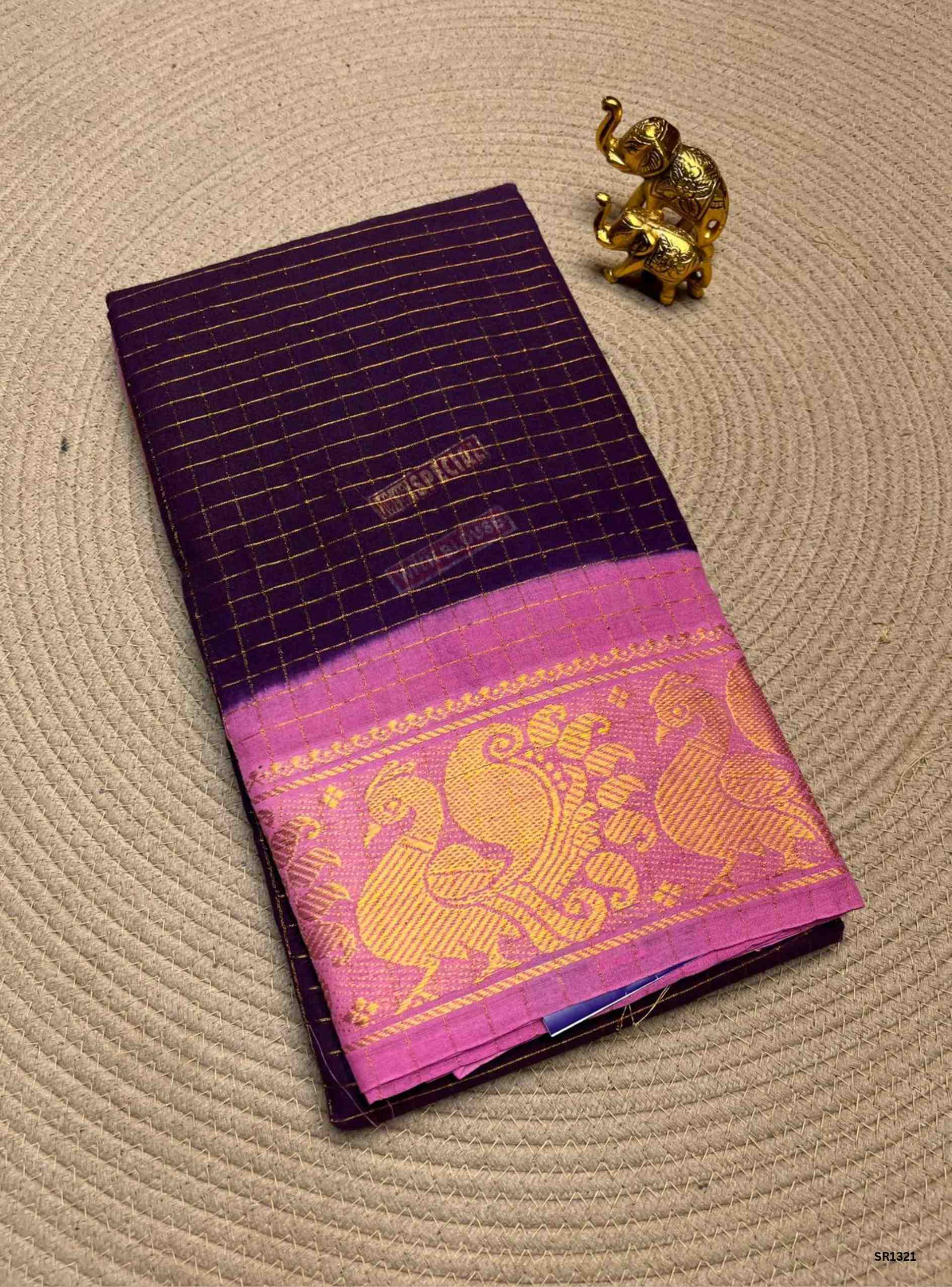 Jamun & Pink - Zari Checks Chungudi Cotton Saree