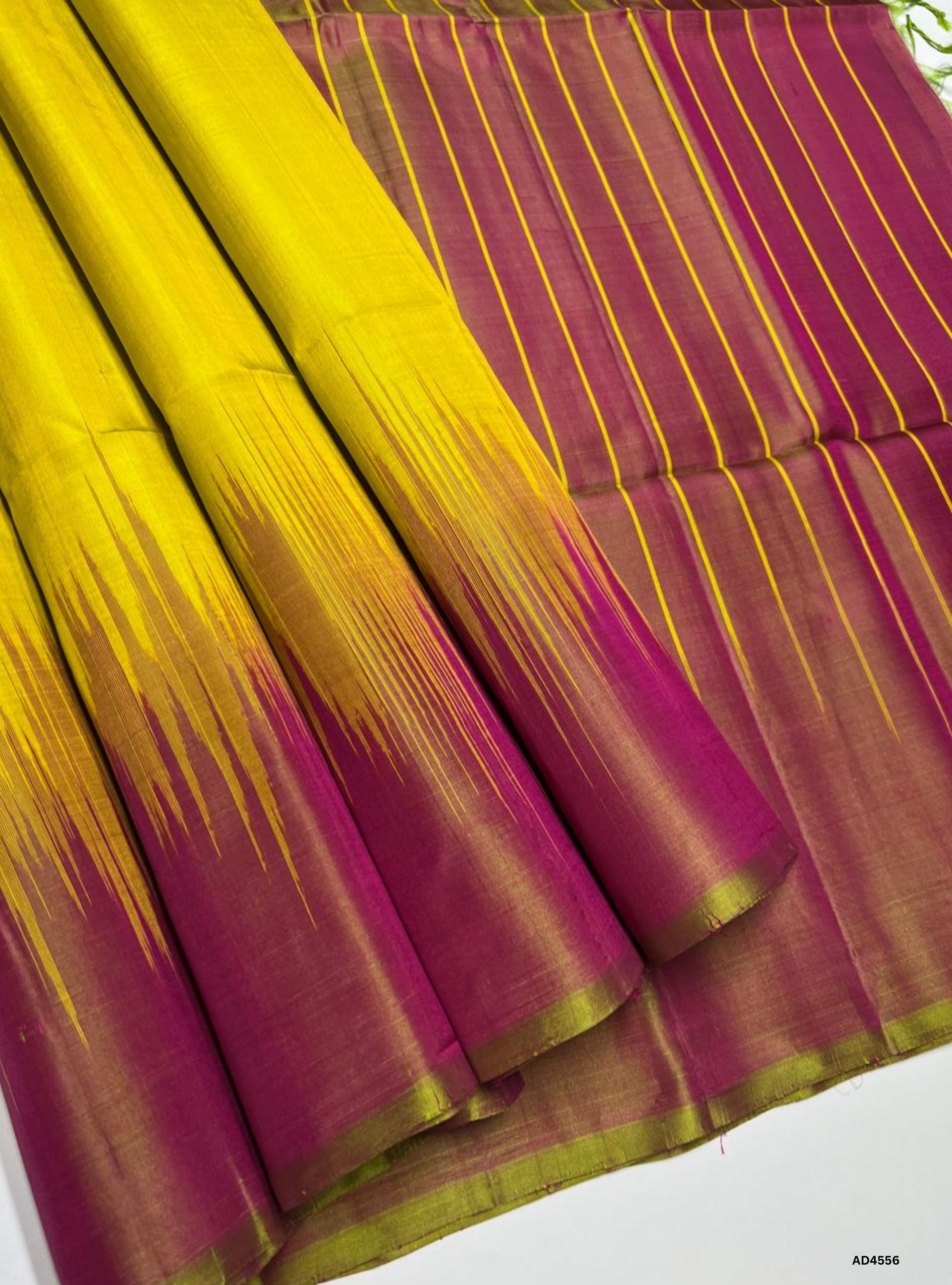 Lime Yellow & Dual Tone Pink - Contrast Plain Soft Silk Saree